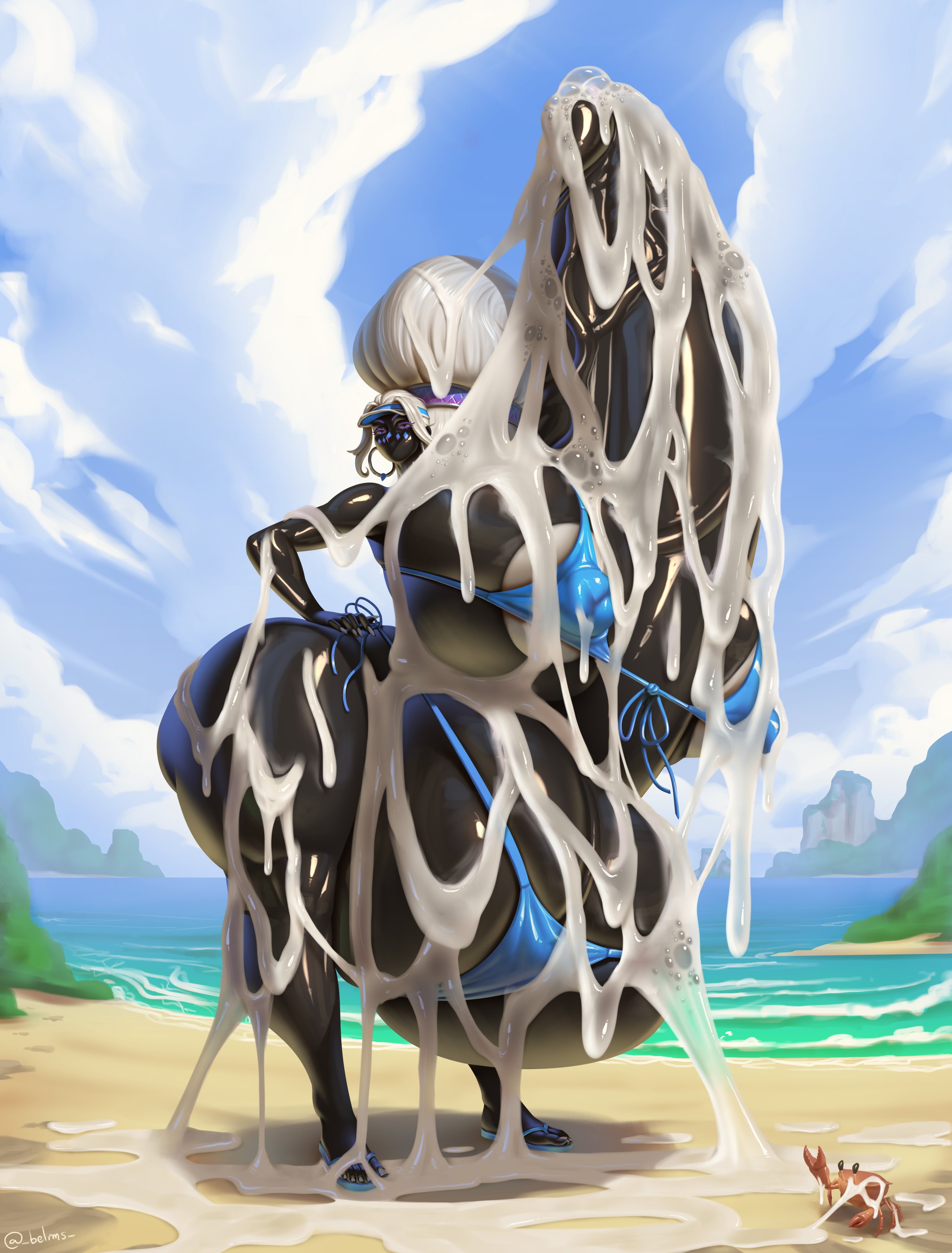 1futa, alternate version available, ass bigger than head, autopaizuri, balls, balls bigger than head, balls bigger than torso, beach, belms, bikini, black body, black skin, breasts, breasts bigger than head, bursting breasts, enormous ass, enormous breasts, erection, female, futanari, huge cock, hyper, hyper ass, hyper balls, hyper breasts, hyper penis, intersex, jyzybel (atya), looking at viewer, male, massive penis, no mouth, penis, penis bigger than body, penis longer than knee, solo futa, tagme