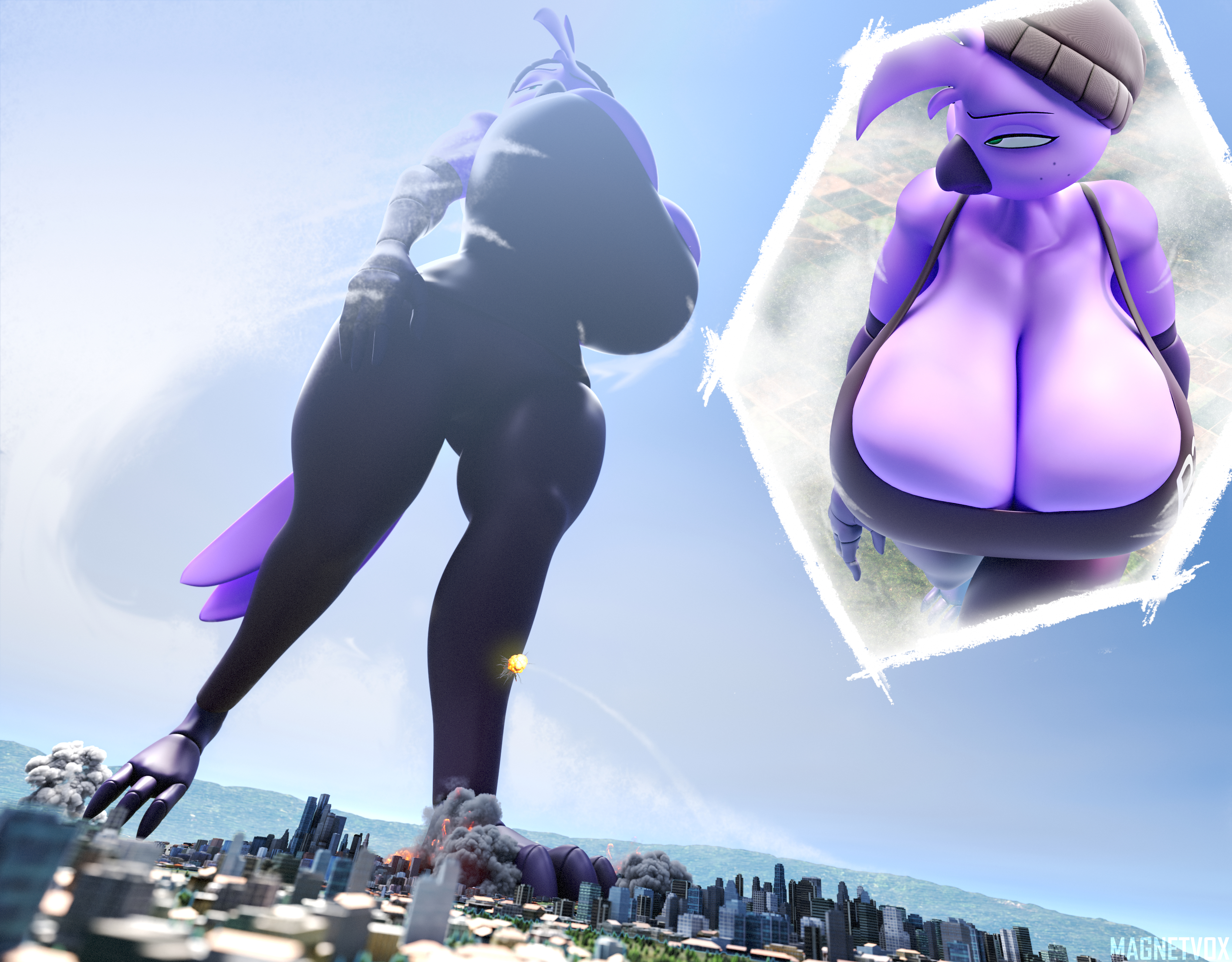 1girls, 3d, 3d (artwork), anthro, anthro bird, anthro female, avian, avian female, avian humanoid, beat banger, big breasts, bird, bird humanoid, boobs bigger than head, breasts, breasts bigger than head, city, city destruction, female, female focus, female only, furry, furry female, giantess, huge boobs, huge breasts, hyper giantess, magnetvox, original, original character, solo, solo female, solo focus, someone else's oc, unaware giantess, walking