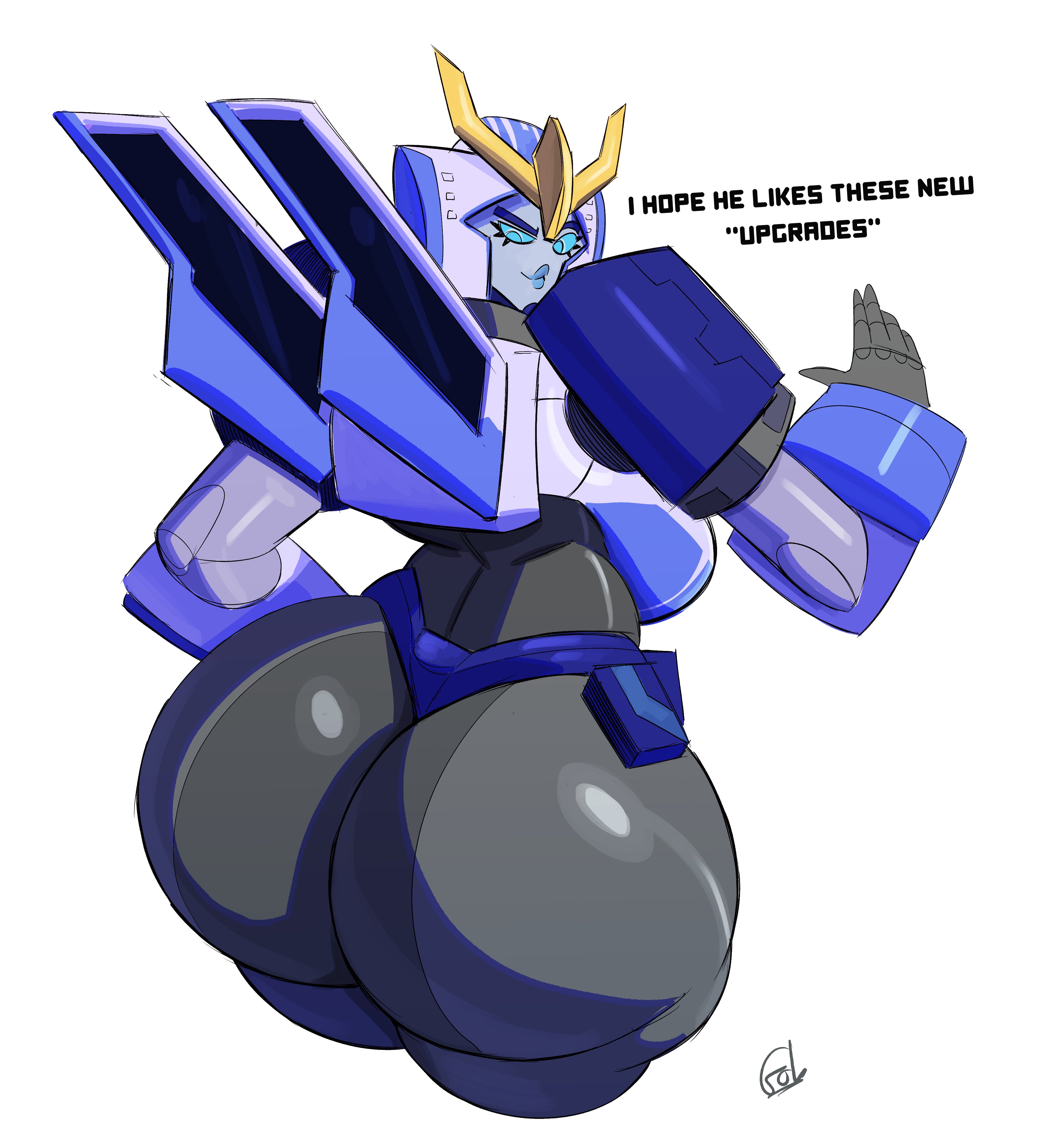 1girls, big ass, blue eyes, blue lipstick, blue sclera, english text, female, gobsmacker, huge ass, robot, robot girl, robot humanoid, solo, solo female, strongarm (transformers), text, transformers, transformers robots in disguise (2015), white background