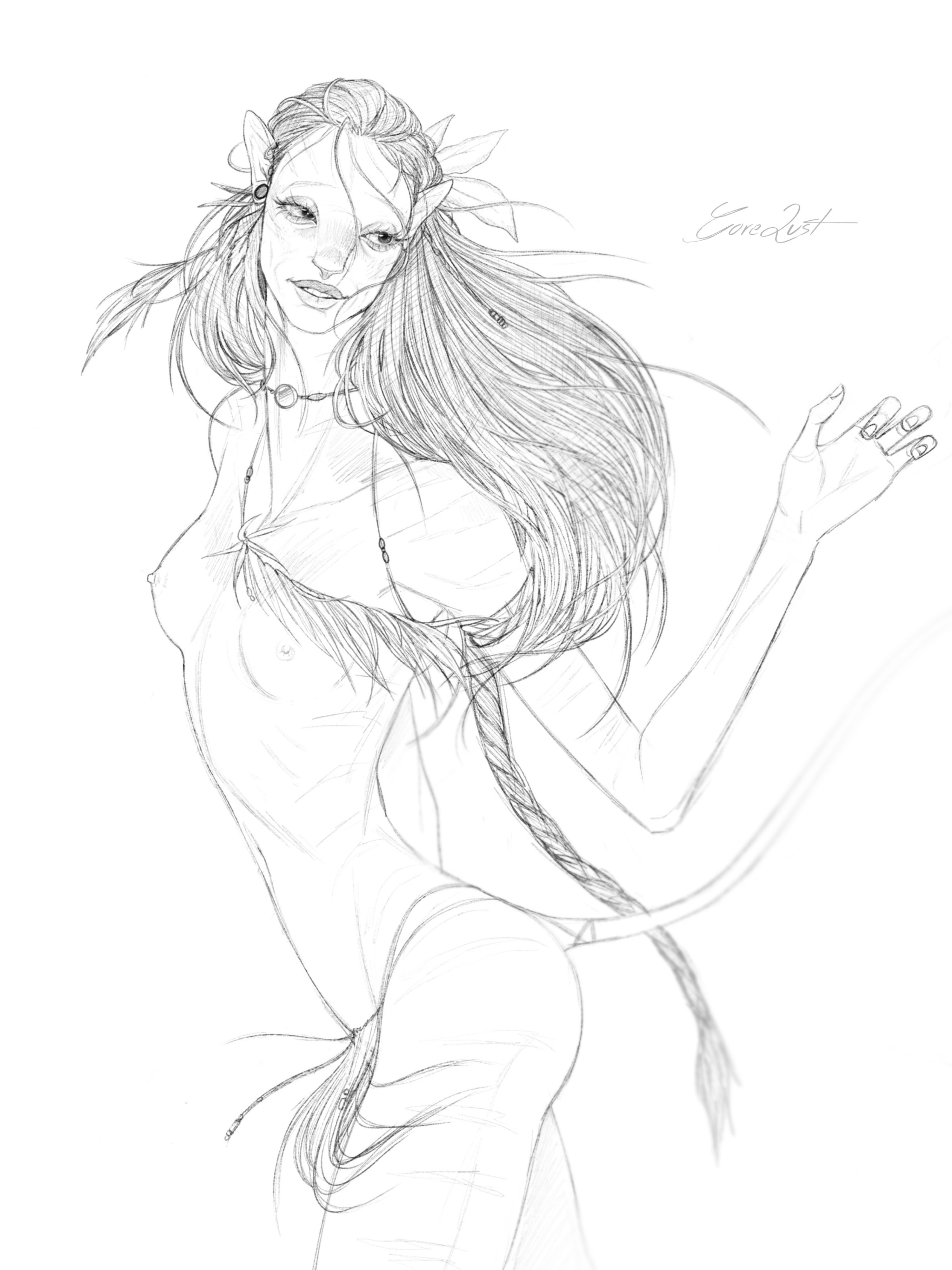 1girls, alien, avatar, black and white, breasts, female, female only, gorelust, long hair, monochrome, necklace, neytiri, nipples, small breasts, solo, tail, topless, traditional media (artwork)