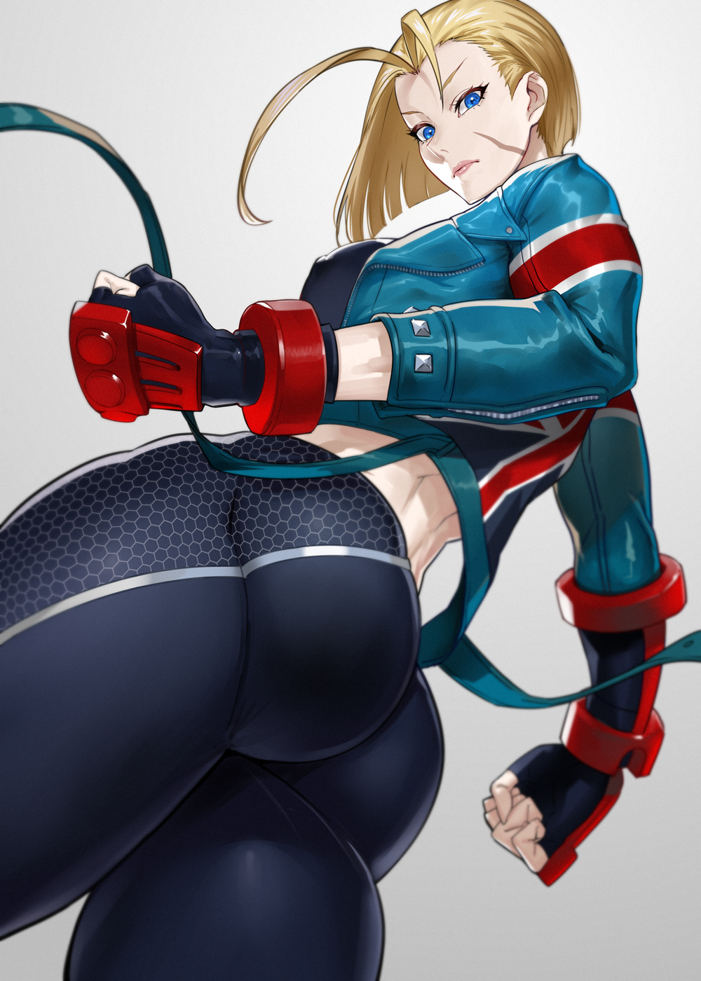 1girls, ahoge, ass, ass focus, blonde hair, blue eyes, breasts, cammy white, cammy white (street fighter 6), female, female only, fingerless gloves, gloves, grey background, highres, ippo, jacket, large breasts, lips, looking back, looking down, pants, scar, scar on face, serious, street fighter, union jack