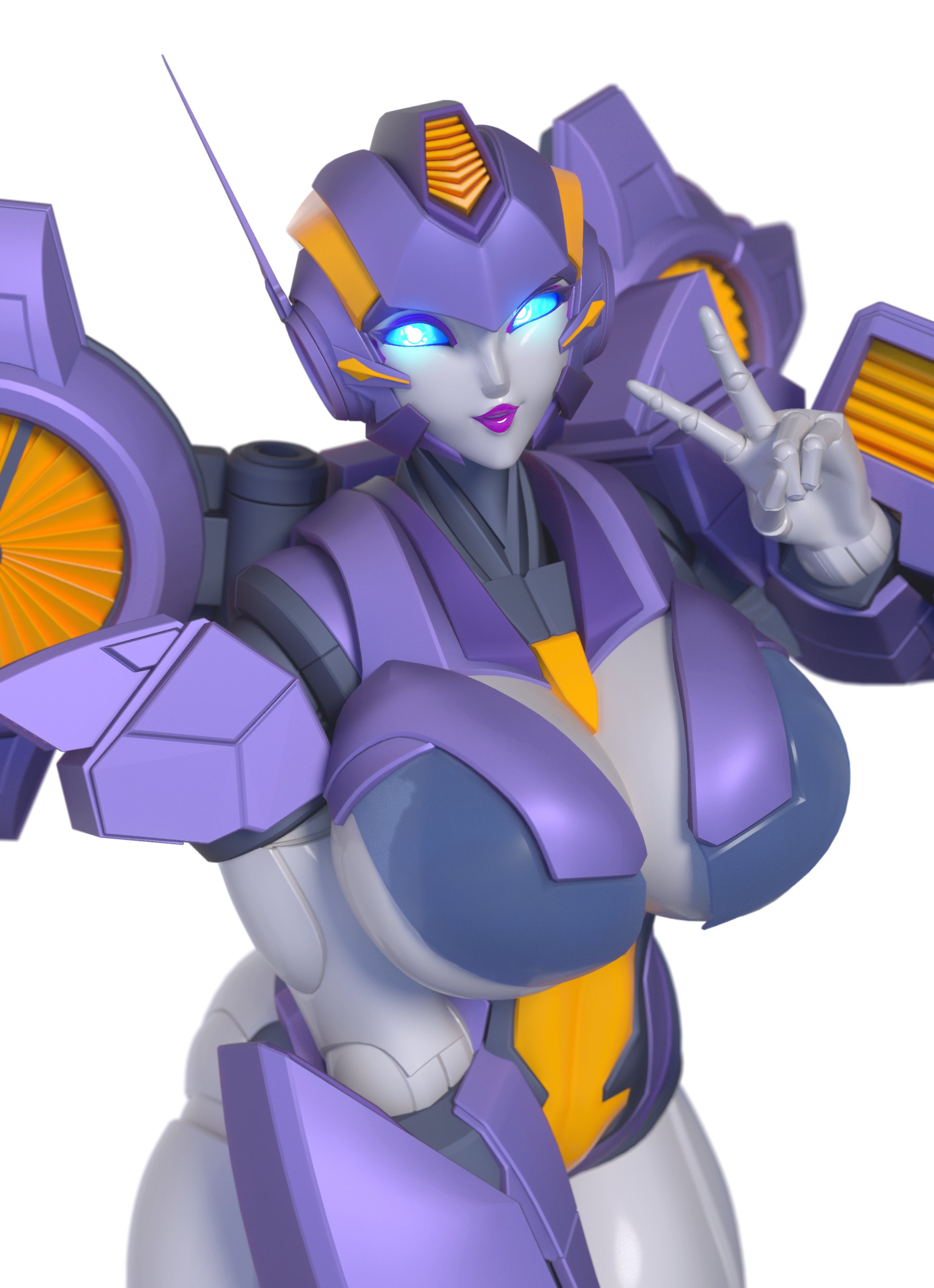 1girls, 3d, 3d (artwork), big breasts, blue eyes, boob window, breasts, female, glowing eyes, high resolution, highres, mechanical wings, nautica, peace sign, purple lipstick, robot, robot girl, robot humanoid, solo, solo female, transformers, trawert, wings