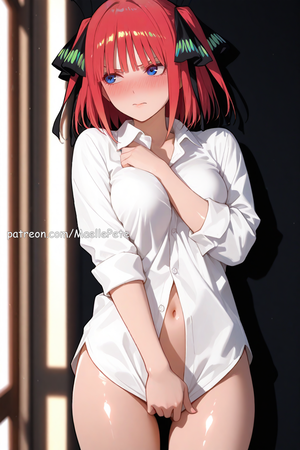 ai generated, anime, beautiful, beauty, blush, breasts, cleavage, cute, embarrassed, embarrassed nude female, eyes, female, flat belly, girl, girly, go-toubun no hanayome, half-dressed, high quality, high resolution, highres, human, long hair, love, maellepetite, medium breasts, nakano nino, naked, no panties, nsfw, nude, nude female, nudity, oil, oiled, oiled body, oiled skin, petite, petite body, petite female, pose, shiny skin, shirt, skinny, slim, slim waist, small breasts, teenage girl, uncensored, undressed, undressing, young