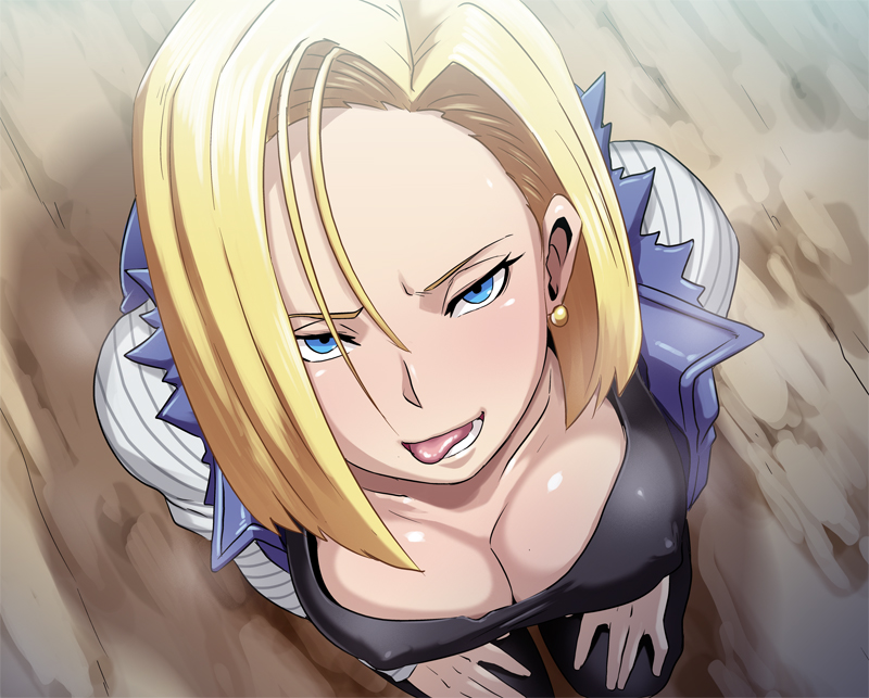 android 18, blonde hair, blue eyes, breasts, butcha-u, cleavage, dragon ball, dragon ball z, earrings, erect nipples, erect nipples under clothes, eroquis, female, from above, jewelry, kneeling, licking lips, nipples, pantyhose, pov, short hair, solo, tongue