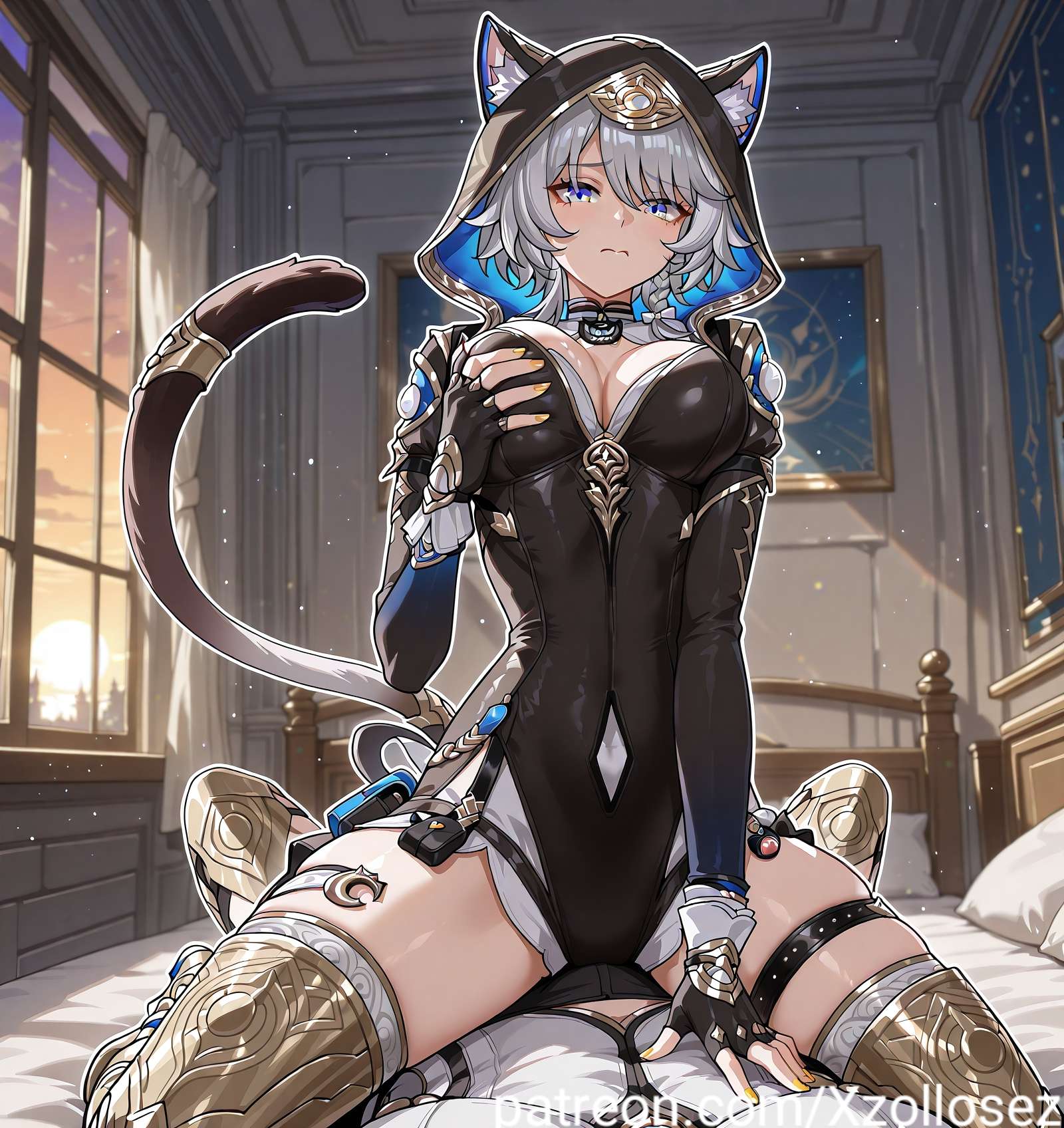 1boy, 1girls, ai generated, cat ears, cat girl, cat tail, catgirl, cipher (honkai: star rail), female, gray hair, honkai (series), honkai: star rail, hood, leotard, male, patreon, patreon username, stockings, xzollosez