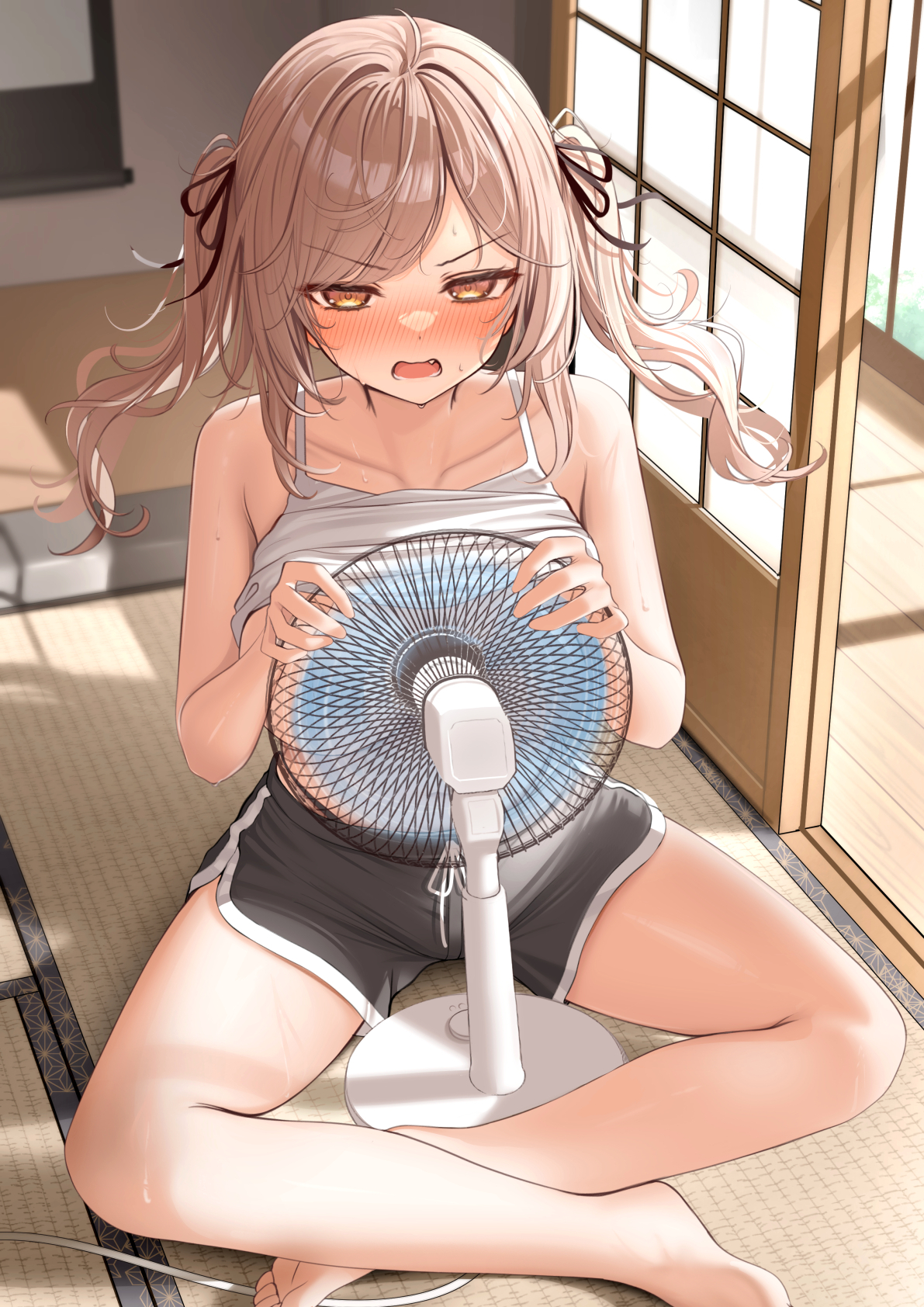 1girls, annoyed, bare shoulders, barefoot, black ribbon, black shorts, blush, breasts, brown eyes, brown hair, collarbone, cooling off, electric fan, female, female only, hair ribbon, highres, imouto-chan (monaka curl), indoors, large breasts, long hair, looking at viewer, monaka curl, open mouth, original, ribbon, shirt, short shorts, shorts, sitting, solo, sweat, tatami, thighs, twintails, white shirt