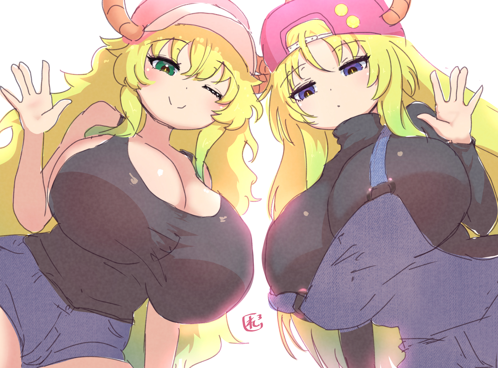 2girls, backwards cap, bare shoulders, black shirt, black tank top, black tanktop, blonde hair, blue eyes, blue overalls, breasts, breasts bigger than head, cleavage, clothed, clothed female, clothing, facing viewer, female, female only, green eye, horns, huge breasts, kobayashi-san chi no maidragon, light skin, light-skinned female, long hair, low-angle view, lucoa, lucoa (maidragon), miss kobayashi's dragon maid, overalls, ozrereresan, petla, pink cap, quetzalcoatl (dragon maid), quetzalpetlatl (dragon maid), shirt, short shorts, shorts, sisters, smile, smiling, smiling at viewer, tagme, tank top, tanktop, waving at viewer, wink, winking, winking at viewer
