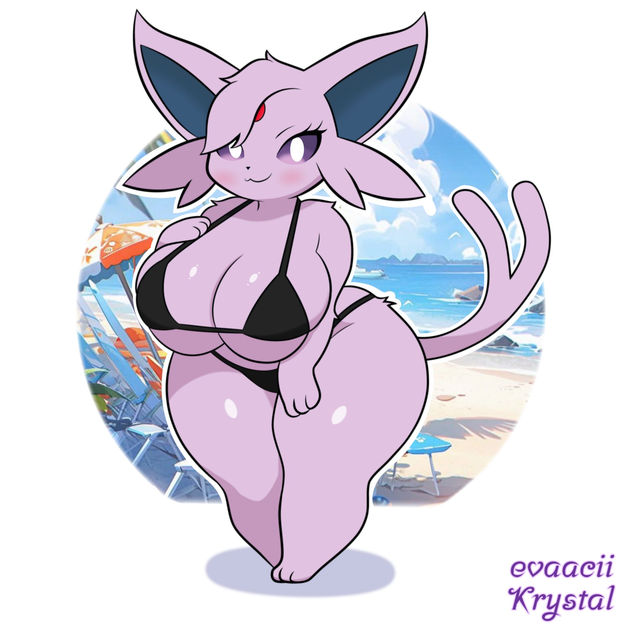 1:1, 1girls, 2025, anthro, anthrofied, beach, big breasts, bikini, blush, breasts, chibi, cleavage, clothed, clothing, digital media (artwork), eeveelution, espeon, evaacii, female, female only, fur, generation 2 pokemon, hi res, huge breasts, huge thighs, krystal (evaacii), looking at viewer, nintendo, pokemon, pokemon (species), pokemorph, purple body, purple fur, purple sclera, smile, solo, solo female, swimwear, tail, thick thighs, two-piece swimsuit, white eyes
