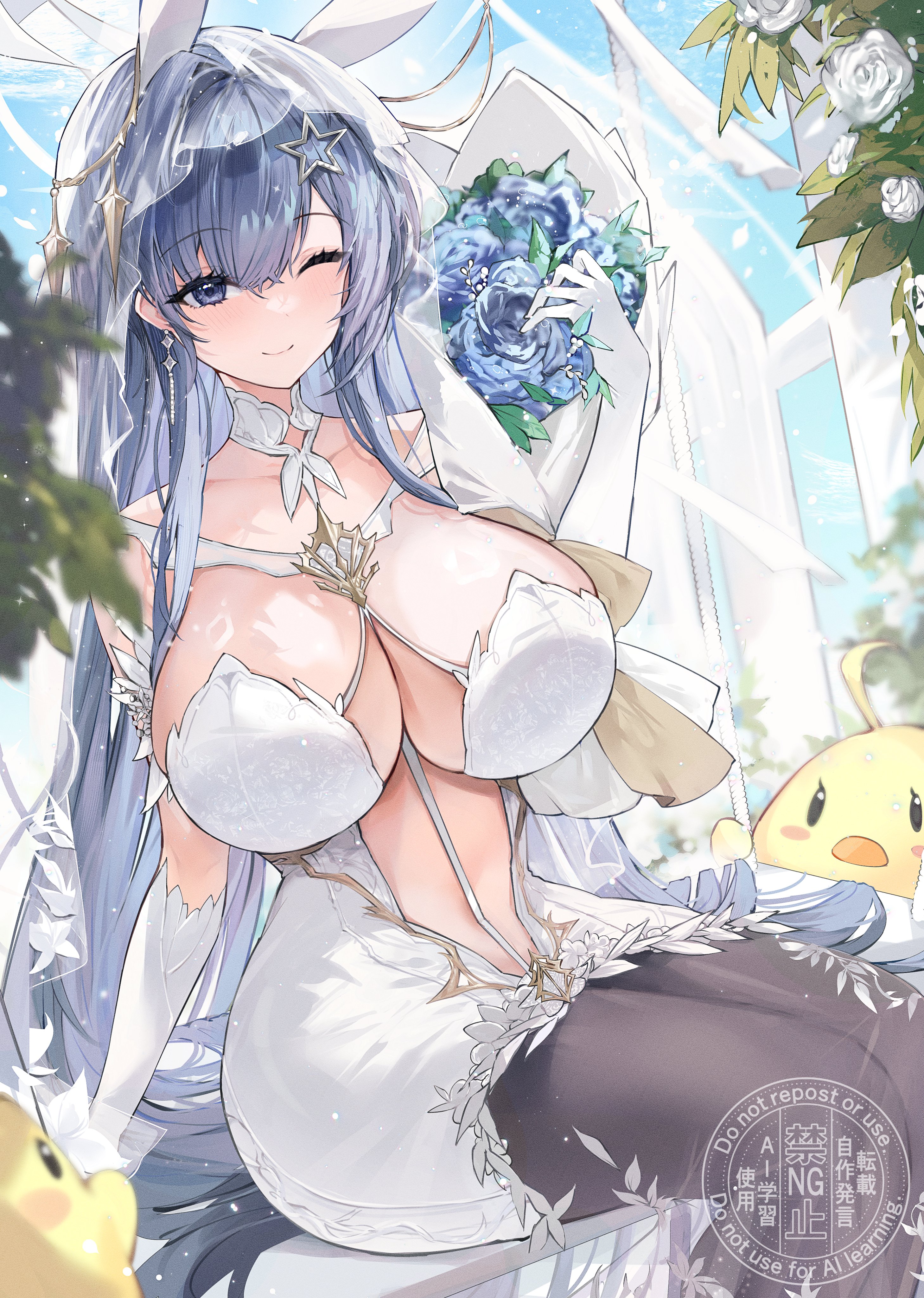animal ears, azur lane, black pantyhose, blue eyes, blue flower, blue hair, blue rose, blush, bouquet, breasts, bridal veil, center opening, cg, cleavage, closed mouth, dress, elbow gloves, fake animal ears, female, flower, gloves, hair ornament, holding, holding bouquet, huge breasts, large breasts, long hair, looking at viewer, manjuu (azur lane), new jersey (azur lane), new jersey (snow-white ceremony) (azur lane), official alternate costume, one eye closed, pantyhose, rabbit ears, rose, sitting, smile, solo, veil, very long hair, wedding dress, white dress, white gloves