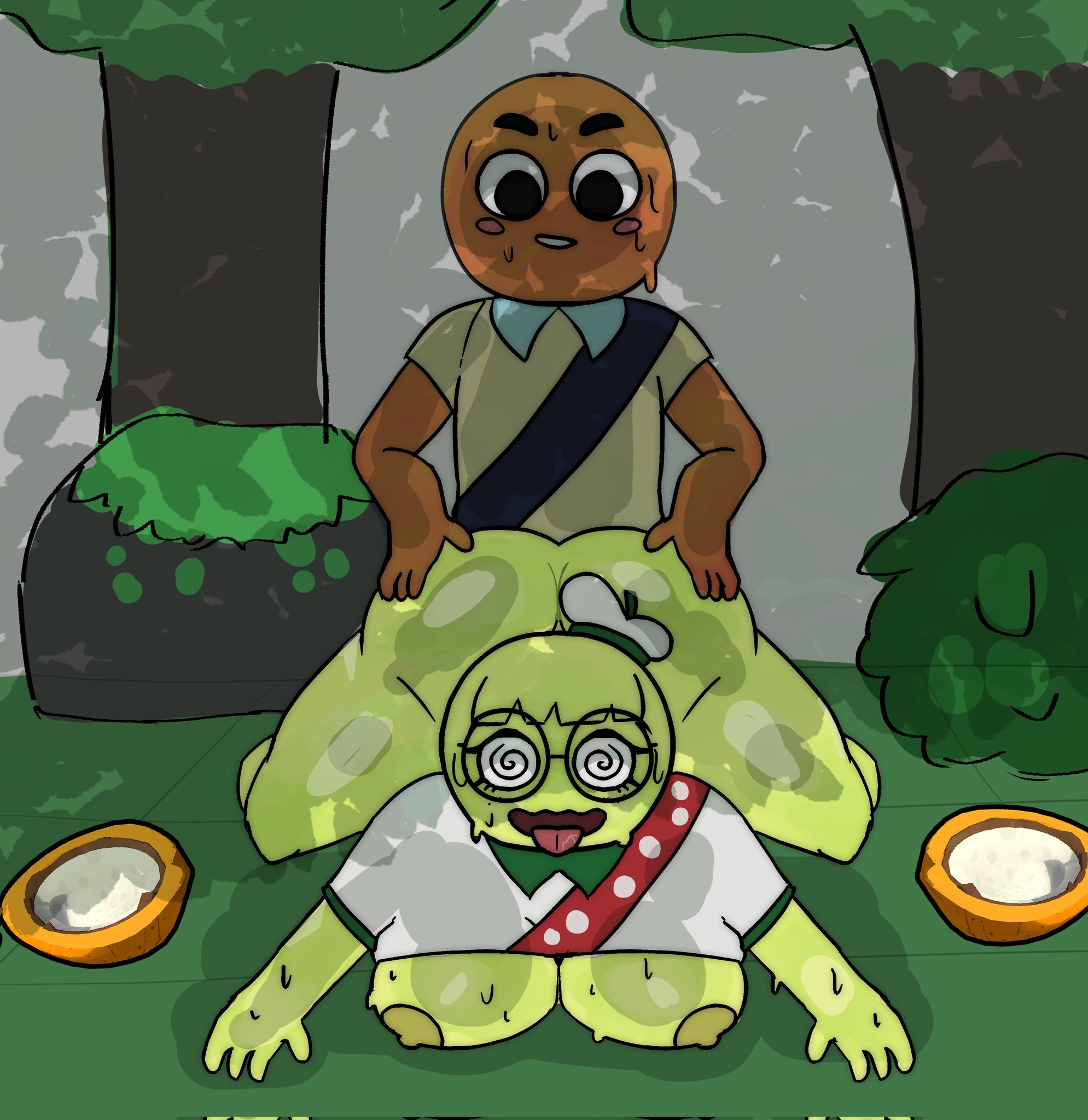 big ass, big breasts, big eyes, breasts, female, glasses, green skin, hat, no nose, no nostrils, noseless, orange skin, outeraltminus, peak (videogame), peak-chan (okgaki), penetration, scout (peak), sex, tagme