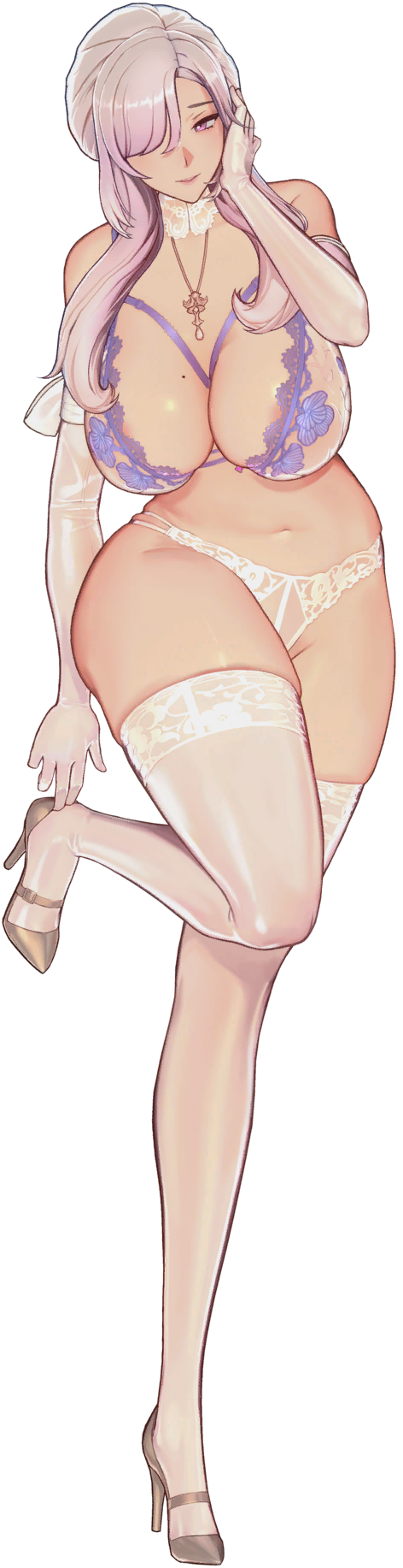1girls, 3d, 3d model, alternate costume, areola slip, areolae slip, beauty mark, belly button, blush, bra, breasts, curvaceous, curvy, curvy figure, female, full body, game cg, hair over one eye, heels, horizon walker, hourglass figure, huge breasts, lace trim, lace-trimmed bra, lace-trimmed panties, large breasts, legs, legs up, light skin, light-skinned female, lingerie, lips, long hair, mature, mature female, mole, mole on breast, necklace, official art, panties, png, purple eyes, purple hair, sagging breasts, see-through, see-through clothing, simple background, skindentation, stockings, thick thighs, thighs, twintails, vlissing (horizon walker), wedding gloves, white gloves, white hair, white panties, white stockings