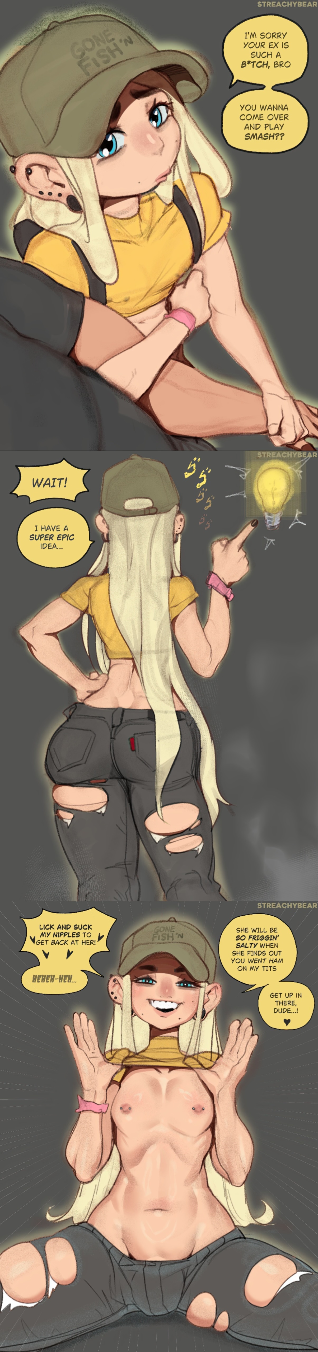 1futa, 3koma, abs, ass, back, bare midriff, blonde hair, blue eyes, breasts, breasts out, cap, clothed, clothing, crop top, dialogue, duo, ear piercing, edit, english text, eyebrows, eyelashes, female, female focus, fit, fit abs, fit female, flashing breasts, flat chest, futanari, goth, goth girl, grabbing arm, grey background, hand on hip, hat, heart, hips, inviting, lifted by self, light skin, locked arms, long hair, makeup, midriff, mole, mole under mouth, narrowed eyes, navel, nipple piercing, nipples, original, pierced ears, pierced nipples, piercing, piercings, pretending, punk, punk girl, revealing breasts, ribs, ripped clothing, ripped pants, seductive look, shirt lift, skinny, small breasts, smile, stomach, straight hair, streachybear, talking to viewer, tall image, teeth showing, thighs, tomboy, urban, urban fashion, urban goth