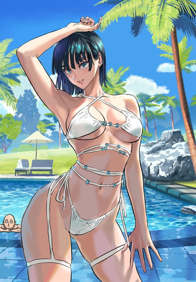 1boy, 1girls, arm up, armpits, bangs, beach, bikini, black hair, blue eyes, blunt bangs, breasts, cloud, cowboy shot, criss-cross halter, day, fat breasts, female, flat belly, fubuki (one-punch man), green hair, halterneck, large breasts, looking at viewer, male, manga cover, manga style, murata yuusuke, navel, ocean, official art, one-punch man, outdoors, palm tree, pool, saitama, short hair, sky, standing, swimsuit, tree, underboob, water, white bikini