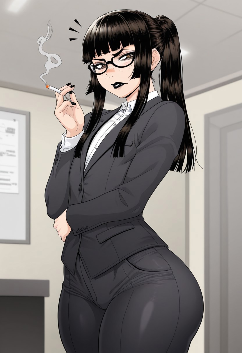 1boy, ai generated, androgynous, annoyed, annoyed expression, beach, big butt, black hair, black-framed glasses, cigarette, cigarette holder, femboy, freckles, glasses, hime cut, male, office, office clothing, suit, thick thighs, wide hips