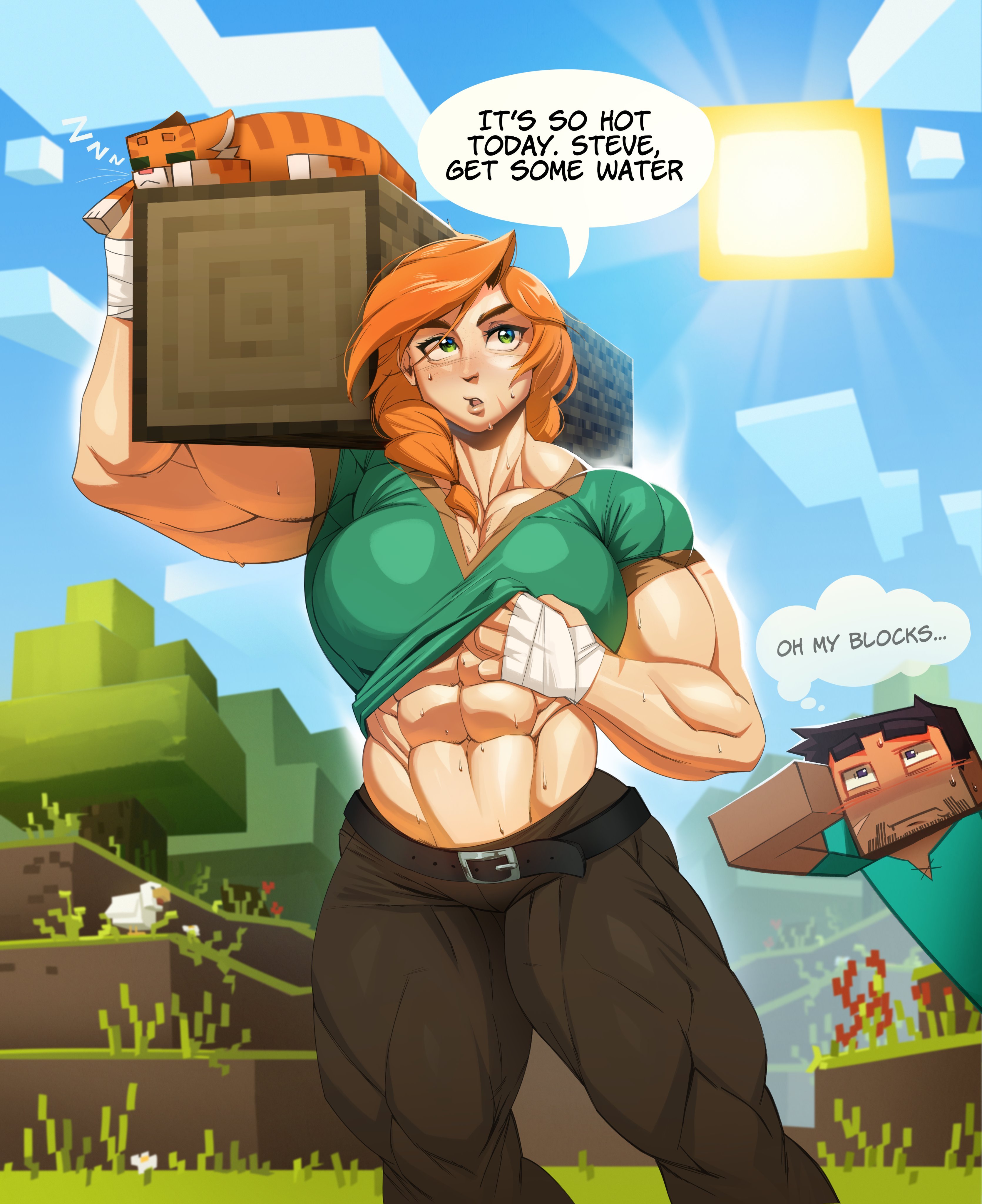 1boy, 1boy1girl, 1girls, 2025, abs, absurd res, absurd resolution, absurdres, alex (minecraft), female, female focus, green clothing, green eyes, high resolution, highres, large muscles, lolitiaowo, male, minecraft, muscles, muscular, muscular arms, muscular female, muscular legs, muscular thighs, red hair, steve (minecraft), sweat, sweating female, tagme