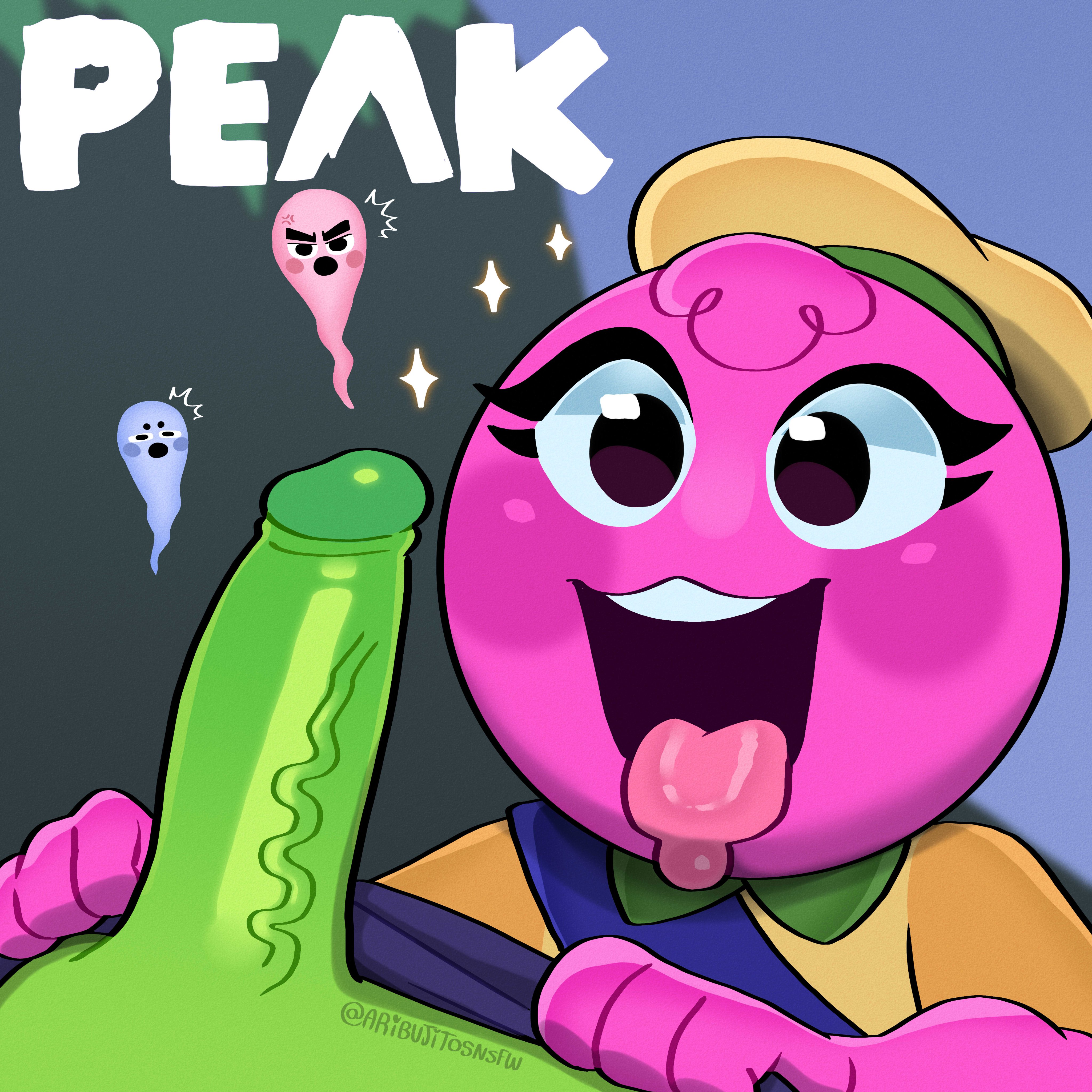 ai art, ai assisted, ai generated, ai hands, aribujitosnsfw, blowjob, female, green skin, male, peak (videogame), pink skin, scout (peak), tagme