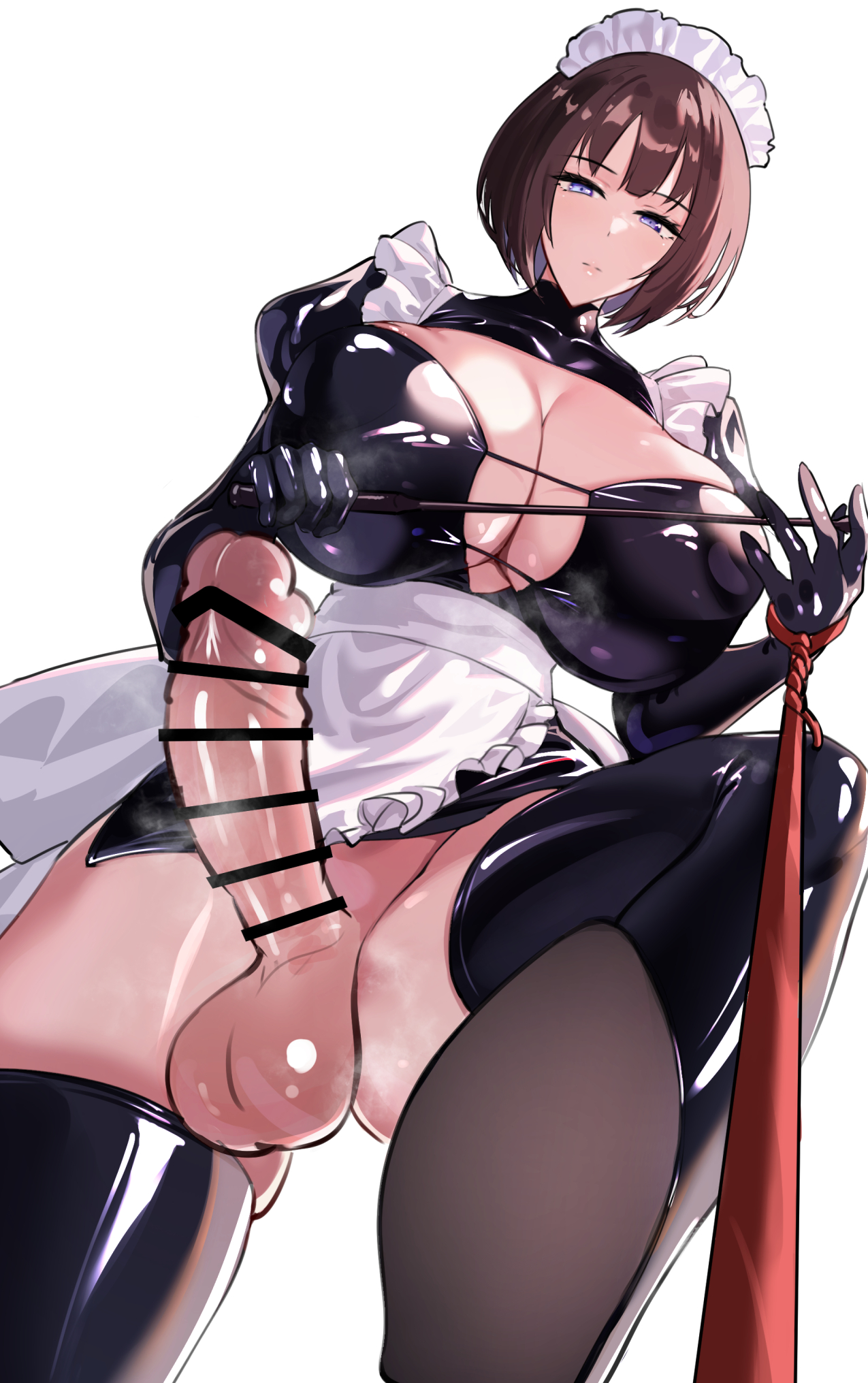 1futa, balls, big penis, breasts, brown hair, censored, dominant, dominant futa, dominatrix, female, futa only, futadom, futanari, gloves, hi res, huge breasts, intersex, latex, latex gloves, latex stockings, leash, long gloves, looking at viewer, low-angle view, maid, maid apron, maid headdress, medium hair, medium-haired futa, nipple bulge, penis, pov, purple eyes, riding crop, seitoedaha, simple background, solo, stockings, thighhighs, thighs