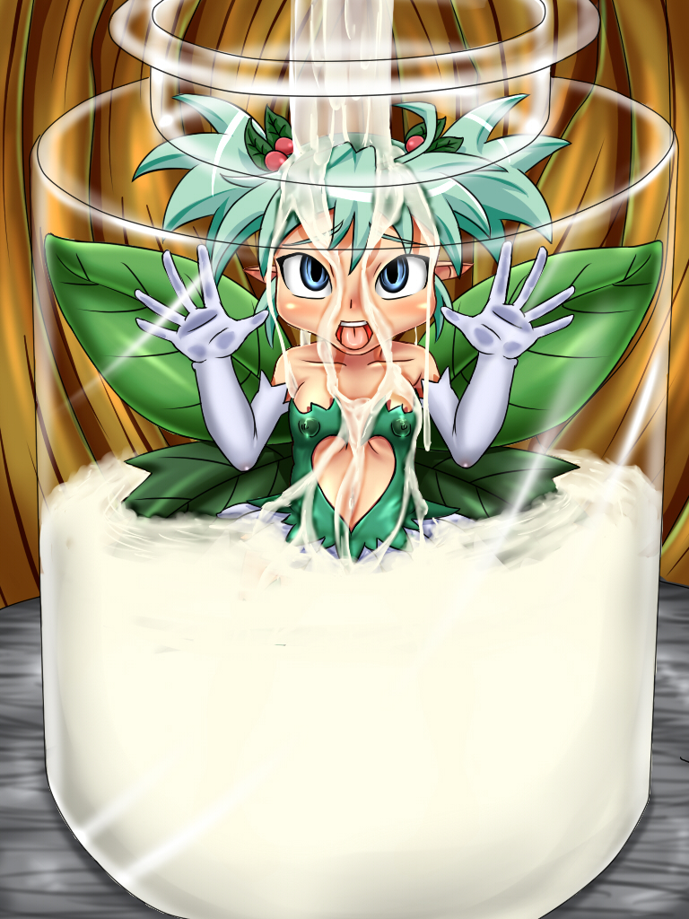 blue_eyes cum cum_bath cum_in_jar cum_jar fairy green_eyes green_hair jar konoha_(shinrabanshou) minigirl mokugyuutan