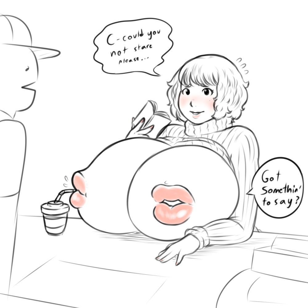 1girls, big breasts, blush, breasts, caught staring, english text, fluffy hair, flying sweatdrops, franktonius, huge breasts, kuchibi, lipples, mouth nipples, nipple mouth, oc, original, original character, ribbed sweater, speaking, speech bubble, staring, sweater, talking, talking breasts, text, turtleneck, turtleneck sweater, unusual anatomy, what, where is your god now, why