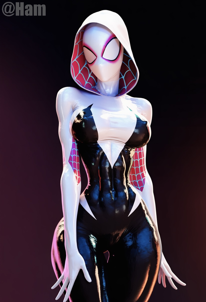 1girls, ai generated, bimbo, bimbofication, breasts, female, female only, gwen stacy, gwen stacy (spider-verse), ham11, latex, latex suit, marvel, marvel comics, mask, medium breasts, shiny clothes, solo female, spider-gwen, spider-man (series), suit, superheroine, thick thighs, wide hips