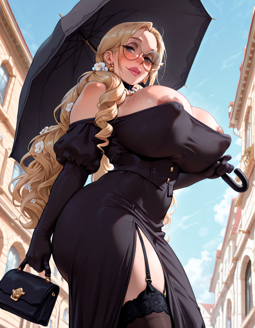 ai generated, bare shoulders, betty buttpound (starlightnex), big butt, big nipples, blonde hair, bubble butt, cleavage, curvy, curvy body, curvy female, curvy figure, curvy hips, elegant, female, female only, flower in hair, freckles, from side, garter straps, glasses, gloves, huge ass, huge nipples, long hair, mature female, milf, mommy, original, original character, round glasses, science fiction, scientist, slim waist, starlightnex, stockings, thick, thick ass, thick hips, thick legs, thick lips, thick thighs, thigh highs, thighhighs, thighs, tight clothing, victorian, wide hips