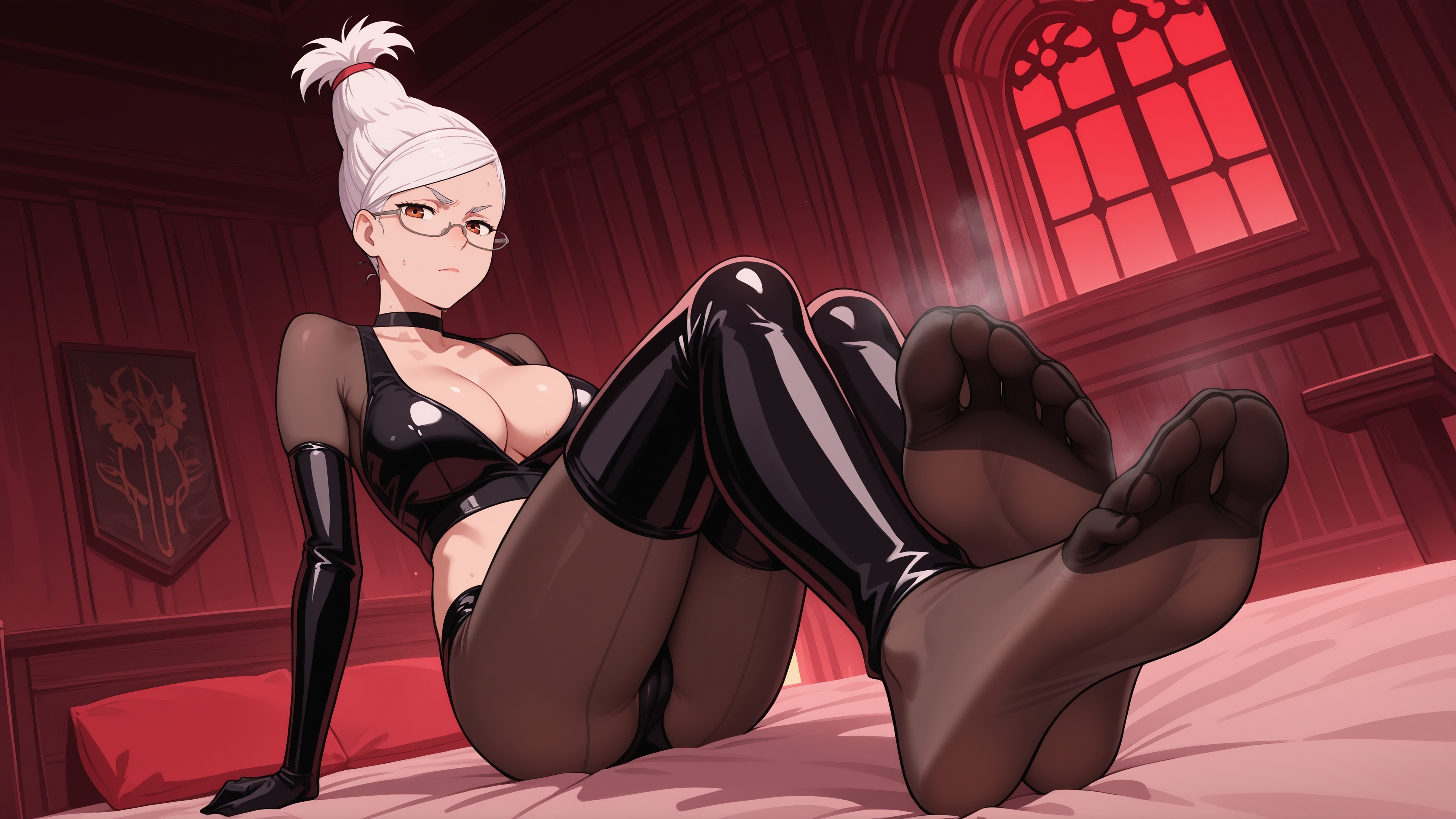 ai generated, ayase seiko, bed, breasts, cleavage, collarbone, dandadan, earrings, erosaga, feet, female, folded ponytail, foot focus, foreshortening, glasses, gloves, hair bun, jewelry, large breasts, latex, looking at viewer, mole, on bed, panties, red eyes, red light, sexy pose, sitting, soles, solo, striped legwear, toes, underwear, white hair