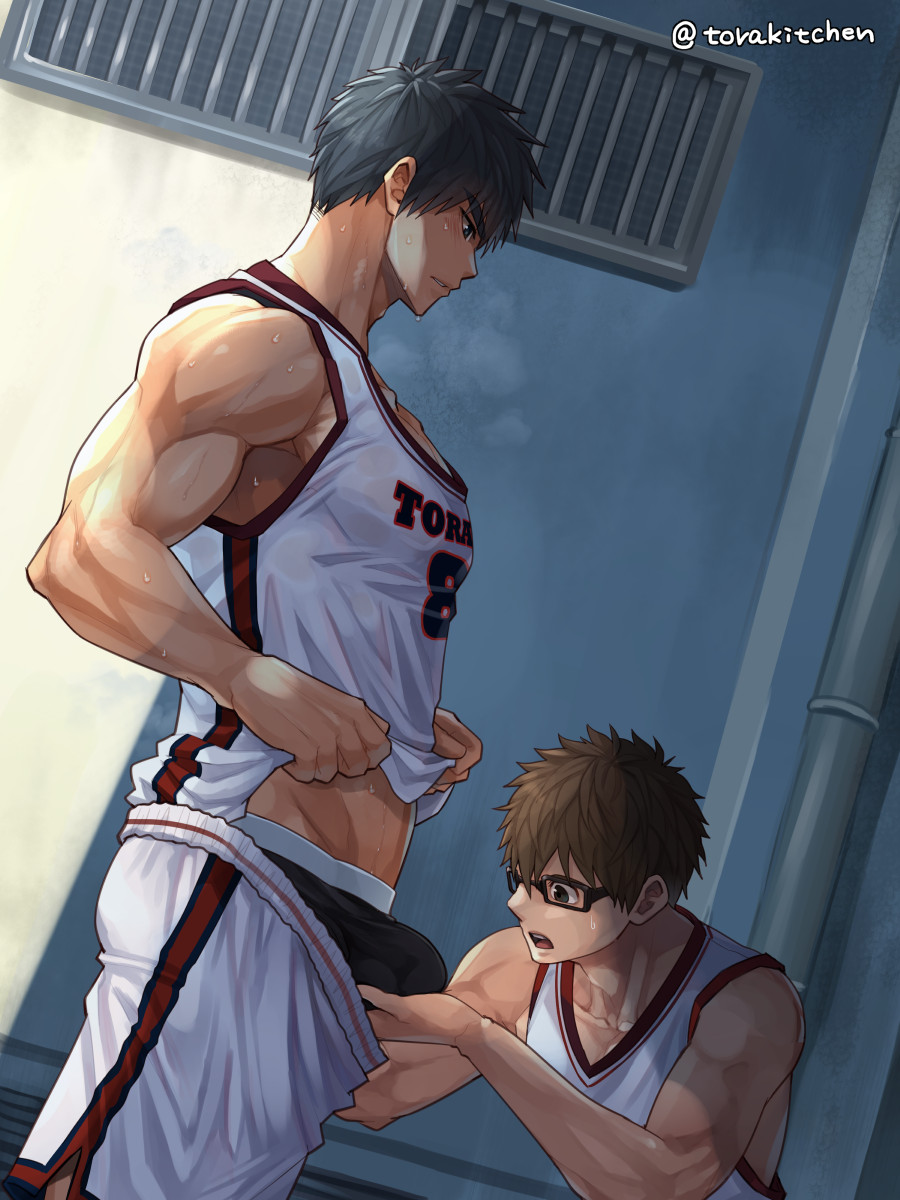 2boys, basketball uniform, beefy, biceps, big bulge, black eyes, black hair, blush, boxers, brown hair, bulge, bulge through clothing, clothes lift, collarbone, duo, dutch angle, ebitendon, gay, glasses, grabbing penis, hand on penis, hi res, kneeling, kneeling oral position, looking at penis, looking down, male, male only, male/male, manly, morning, muscles, muscular, muscular arms, muscular male, original, original character, pants down, penis, shadow, short hair, standing, steam, steamy breath, sunlight, sweat, sweatdrop, sweating, sweaty, tank top, torakitchen, torakitchen (ebitendon), triceps, yaoi