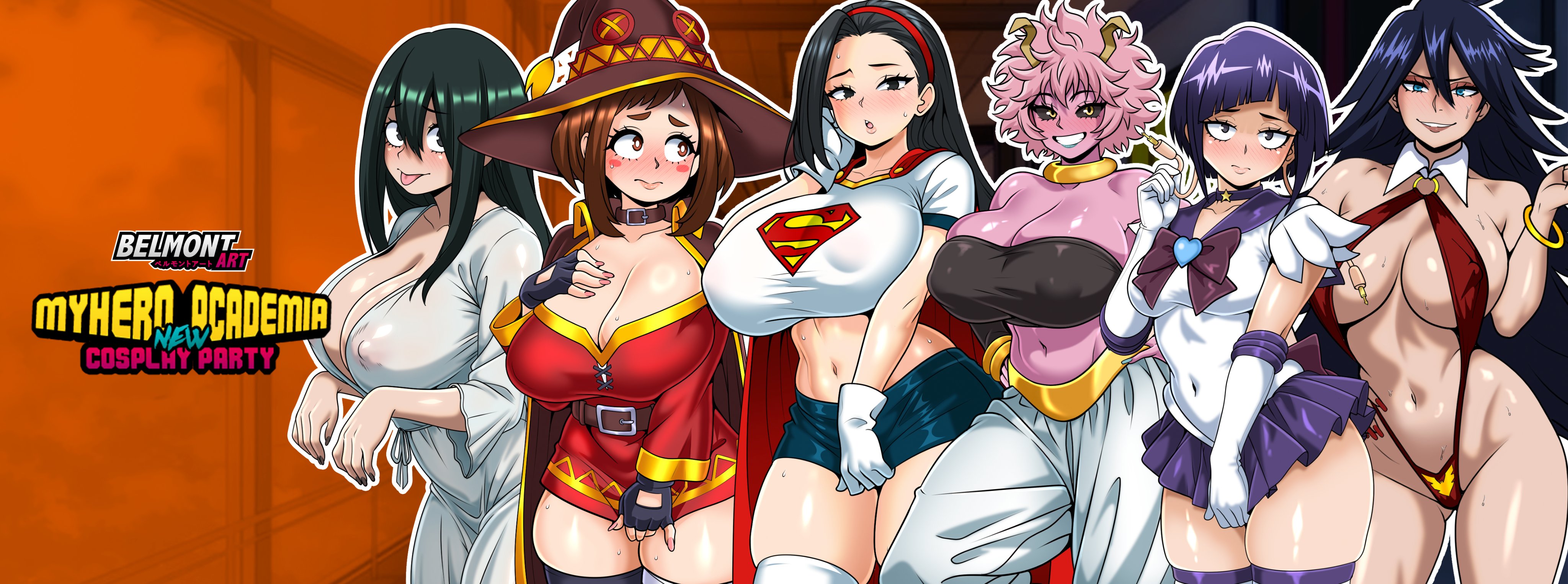 6+girls, 6girls, absurdres, android 21 (cosplay), belmont, big breasts, bishoujo senshi sailor moon, black hair, blush, boku no hero academia, breasts, brown hair, cleavage, colored skin, cosplay, cosplaying as character, costume, dc, dc comics, dragon ball, dragon ball fighterz, dynamite comics, female, female only, green hair, hat, highres, huge breasts, kono subarashii sekai ni shukufuku wo!, kyoka jiro, large breasts, long hair, megumin (cosplay), midnight (my hero academia), mina ashido, momo yaoyorozu, multiple girls, my hero academia, nemuri kayama, nipples, ochako uraraka, pink hair, pink skin, purple hair, sailor saturn (cosplay), short hair, skirt, supergirl (cosplay), superman (series), superman: the animated series, the ring, tsuyu asui, vampirella (cosplay), yamamura sadako (cosplay)