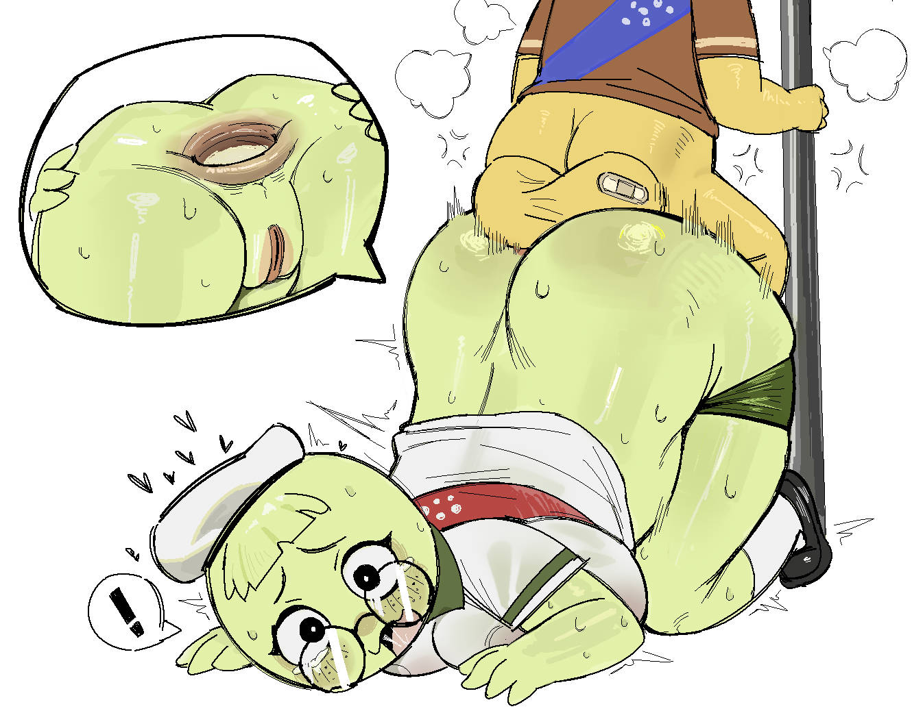 anal, anal gape, anthro, cum in ass, female, gaping anus, green skin, hat, jingzhou14848, male, peak (videogame), peak-chan (okgaki), reverse doggy style, reverse piledriver position, scout (peak), sex, tagme, tired, yellow skin, zhou135627