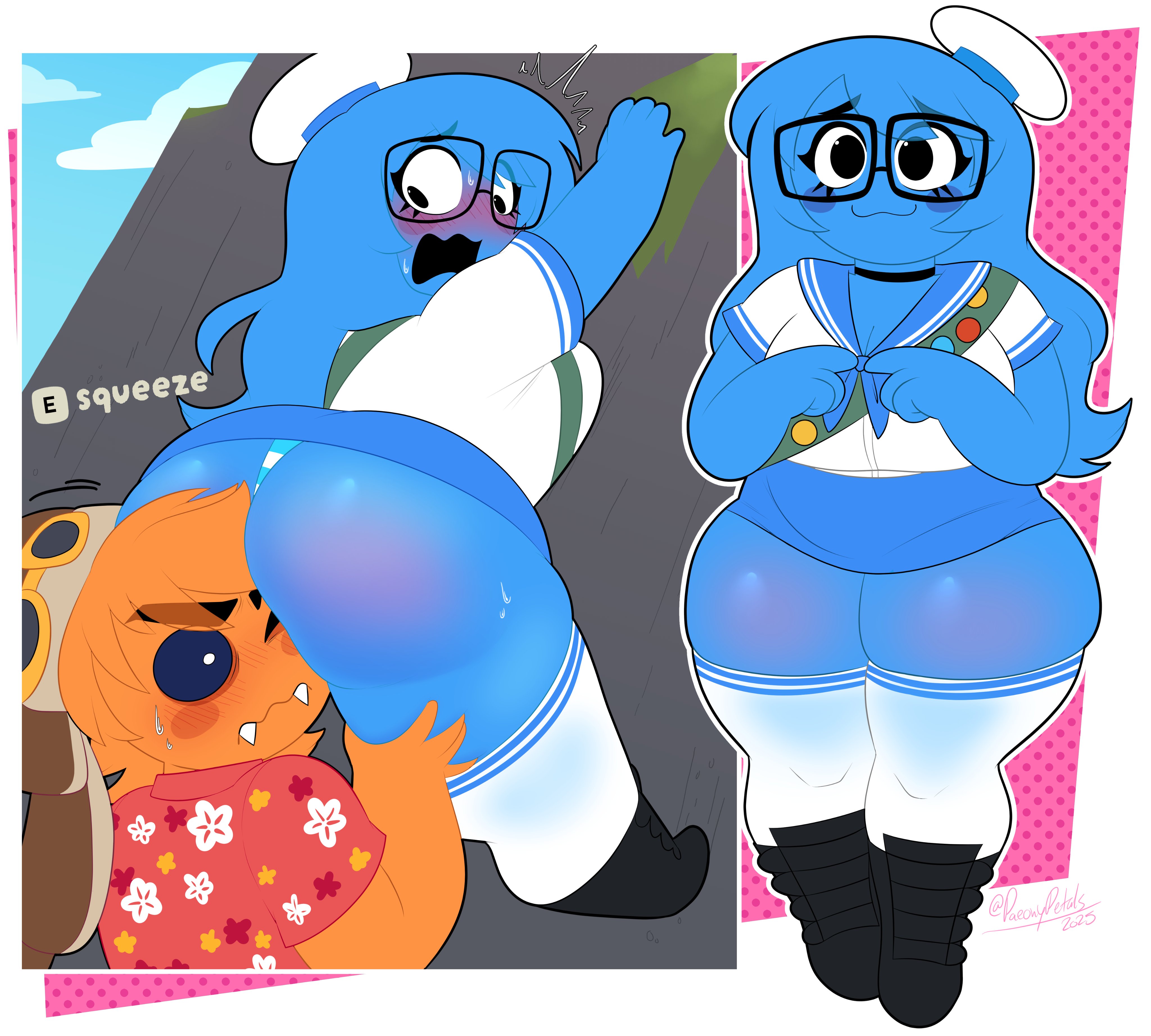 ass focus, ass grab, black eyes, blue body, blue hair, blue skin, female, human, male, peak (videogame), peonypetals, scout (peak), straight, tagme, thick thighs