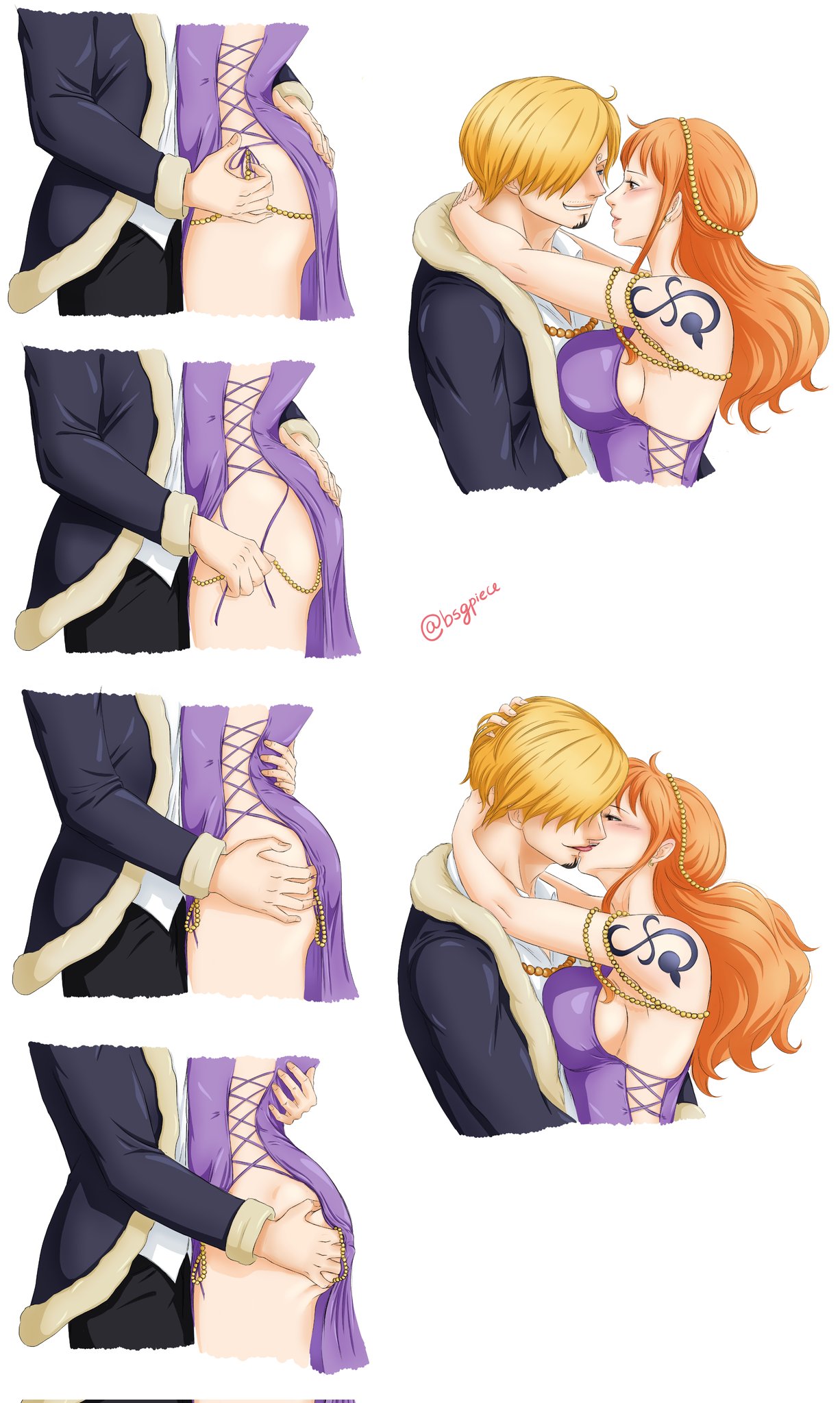 1boy, 1girls, arm tattoo, blonde hair, blonde-haired male, blue tattoo, dress, dress lift, female, grabbing another's ass, grabbing ass, jacket, kissing, male, nami (one piece), one piece, orange hair, orange-haired female, passionate kiss, sanji, tattoo, vinsmoke sanji