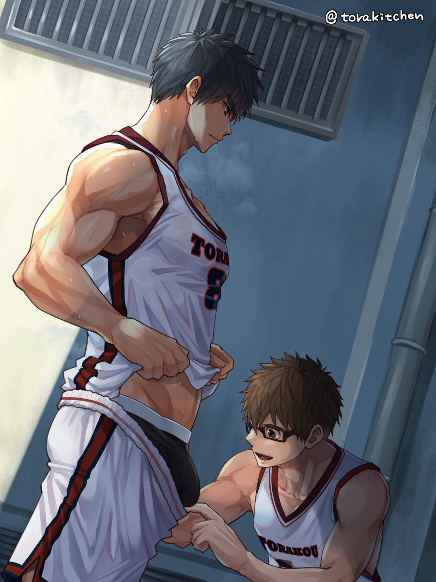 2boys, basketball uniform, beefy, biceps, big bulge, black eyes, black hair, boxers, brown hair, bulge, bulge through clothing, clothes lift, collarbone, duo, dutch angle, ebitendon, gay, glasses, hi res, kneeling, kneeling oral position, looking at penis, looking down, male, male only, male/male, manly, morning, muscles, muscular, muscular arms, muscular male, original, original character, pants down, penis, shadow, short hair, standing, steam, steamy breath, sunlight, sweat, sweatdrop, sweating, sweaty, tank top, torakitchen, torakitchen (ebitendon), triceps, yaoi