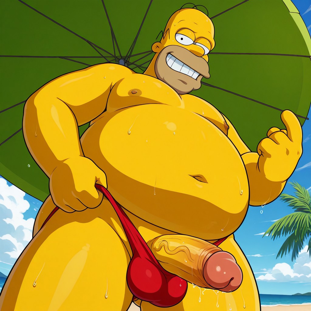 ai, ai art, ai generated, bara, beach, beckoning, chubby, fat, generated, homer simpson, male, male only, only, penis, seductive, solo male, speedo, the simpsons, yaoi