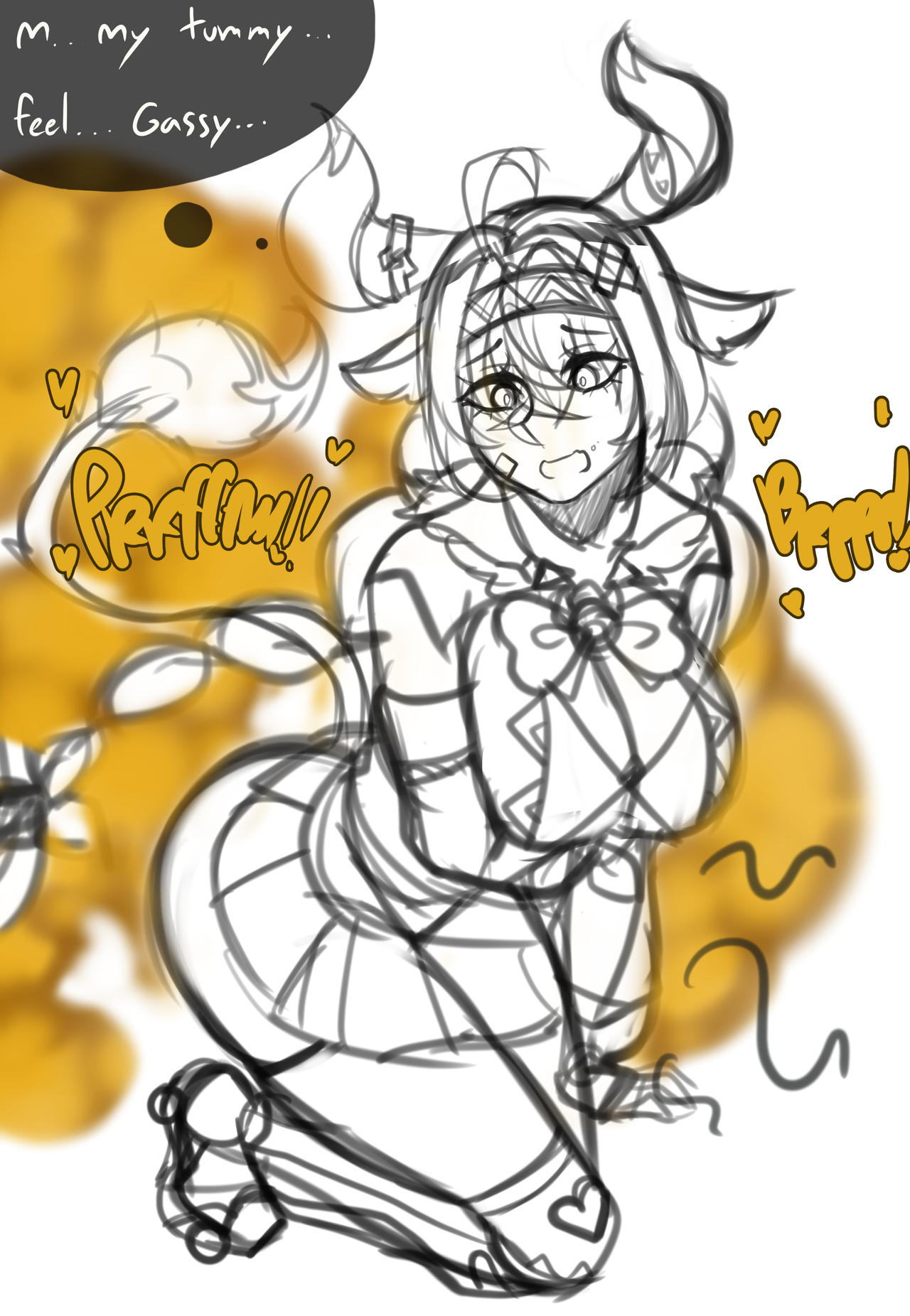 big breasts, breasts, chro-sis, cow ears, cow girl, cow tail, fart, fart cloud, fart fetish, farting, fat ass, female, genshin impact, sketch, varesa (genshin impact), xayahchro-sis