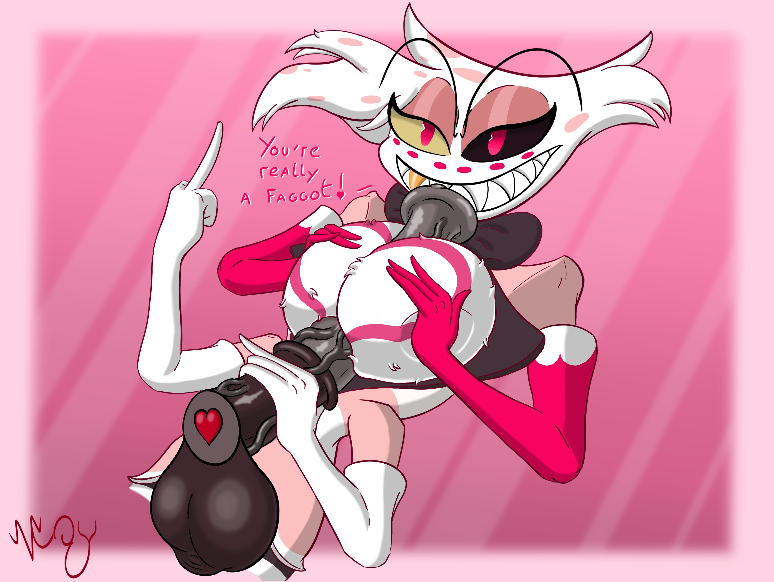 4 arms, angel dust (hazbin hotel), arachnid, arachnid humanoid, big breasts, big penis, breasts, furry, gay, gay sex, hazbin hotel, horse penis, horsecock, insult, insulting partner, male, male with breasts, middle finger, paizuri, penis, self upload, sinyap, titjob