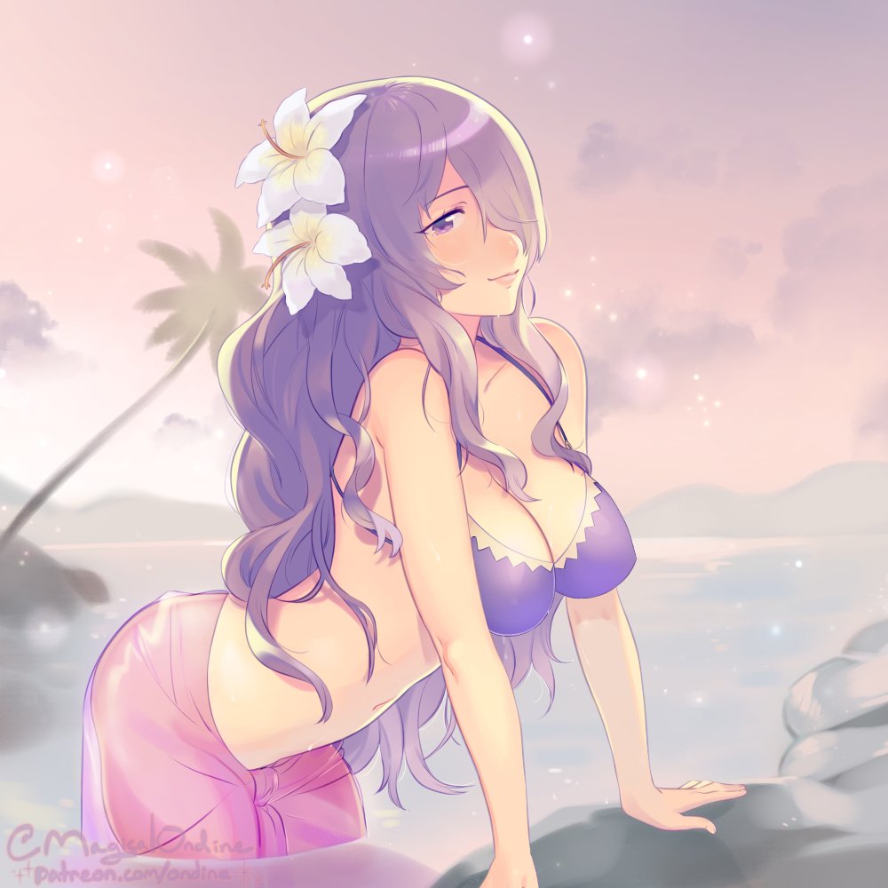 1girls, artist name, bare arms, bare midriff, bare shoulders, bikini, bikini top, camilla (fire emblem), cleavage, female, female only, fire emblem, fire emblem fates, flower, flower in hair, hair flower, hair over one eye, hot spring, human, human only, long hair, magical ondine, nintendo, onsen, pose, posing, posing for the viewer, purple eyes, purple hair, roarke (lavenderincubus), seductive, seductive look, seductive smile, smile, smiling, smiling at viewer, wholesome