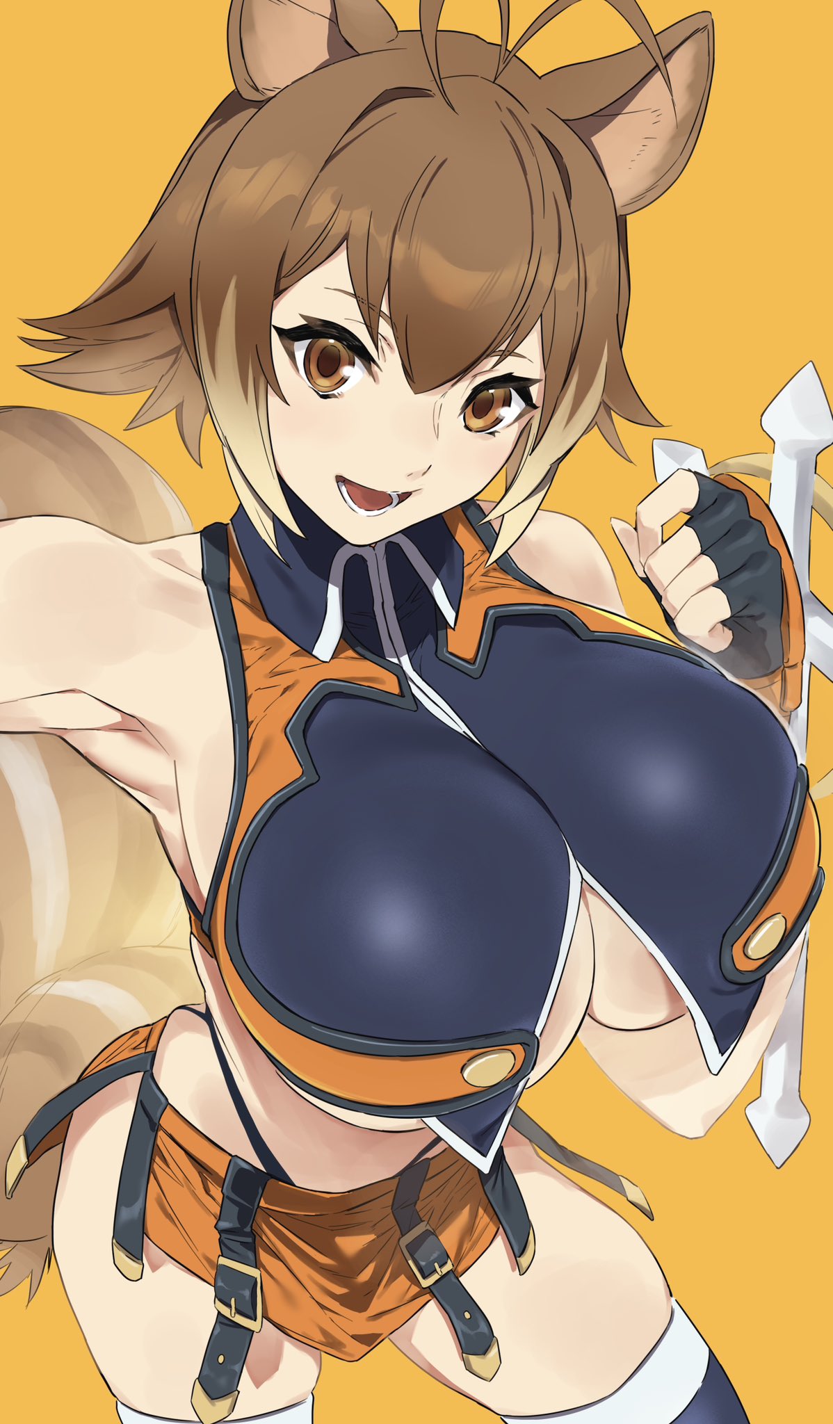 animal ears, antenna hair, armpits, belt, belt buckle, black belt, black gloves, black thighhighs, blazblue, breasts, brown eyes, brown hair, buckle, collared shirt, colored tips, crop top, double-parted bangs, female, female only, fingerless gloves, flipped hair, from above, g-string, gloves, hand up, highleg, highleg panties, highres, huge breasts, illust kuma, kuma (jk0073), looking at viewer, lower teeth only, makoto nanaya, microskirt, midriff, multicolored hair, multiple belts, no bra, open mouth, orange shirt, orange skirt, panties, revealing clothes, shirt, short hair, simple background, skirt, sleeveless, sleeveless shirt, smile, solo, squirrel ears, squirrel girl, squirrel tail, tail, teeth, thighhighs, thong, tonfa, two-tone hair, underboob, underwear, weapon, whale tail (clothing), yellow background