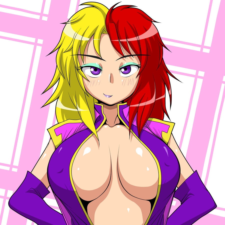 1girls 2009 blonde_hair blue_eyes blush breasts chara_soon cleavage curvaceous female gundam gundam_zz human inner_sideboob large_breasts light-skinned_female light_skin long_hair looking_at_viewer multicolored_hair red_hair smile solo tsucky two_tone_hair villainess zeon