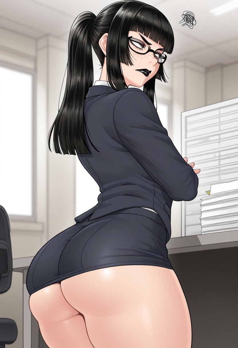 1boy, ai generated, androgynous, annoyed, annoyed expression, ass focus, beach, big, big ass, big butt, black hair, black-framed glasses, femboy, freckles, glasses, hime cut, light-skinned male, male, male only, office, office clothing, skirt pull, solo, suit, thick thighs, upskirt, wide hips