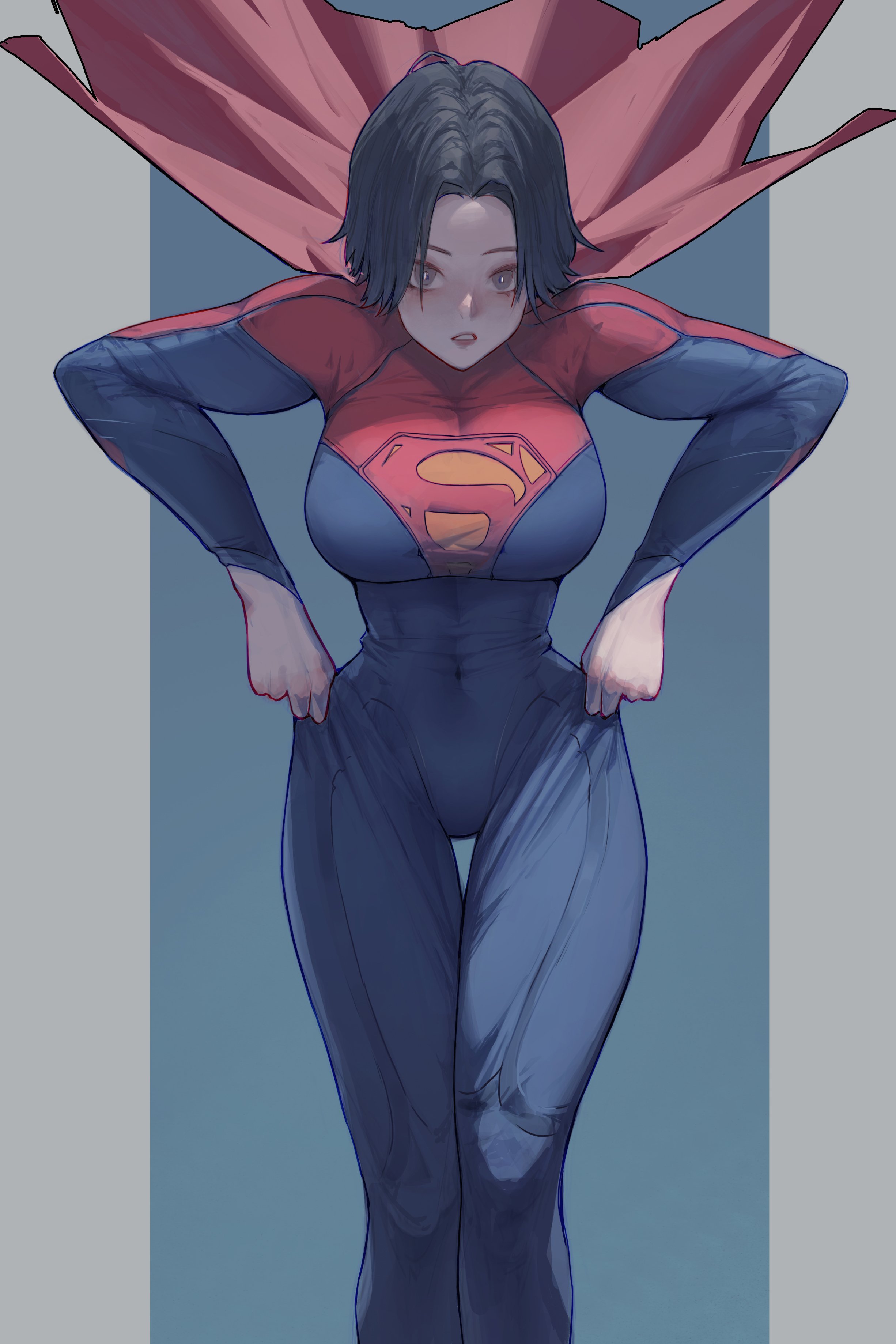 1girls, absurdres, big breasts, black eyes, black hair, bodysuit, breasts, cape, clozzy01, covered navel, dc, dc comics, dc extended universe, english commentary, female, female only, fully clothed, highres, large breasts, parted lips, red cape, short hair, solo, supergirl, supergirl (sasha calle), superheroine, superman (series), superman logo, the flash (2023), the flash (movie), the flash (series), tight clothing