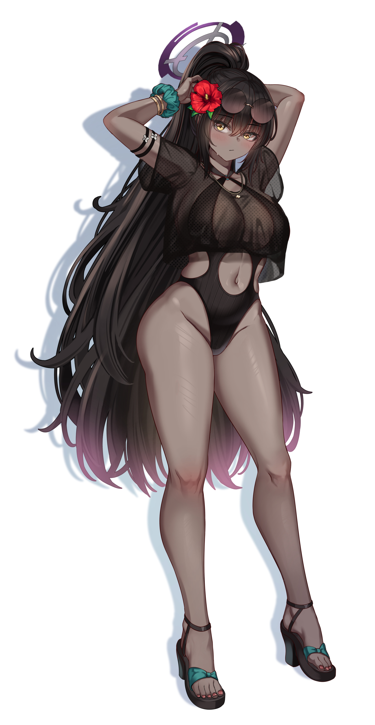 absurdres, alternate costume, black hair, black one-piece swimsuit, black shirt, blue archive, blush, breasts, cenangam, cleavage, curvy, dark skin, dark-skinned female, female, flower, full body, hair flower, hair ornament, halo, highres, karin (blue archive), large breasts, long hair, looking at viewer, navel, one-piece swimsuit, ponytail, purple halo, see-through cleavage, see-through clothes, shirt, short sleeves, solo, swimsuit, very long hair, yellow eyes