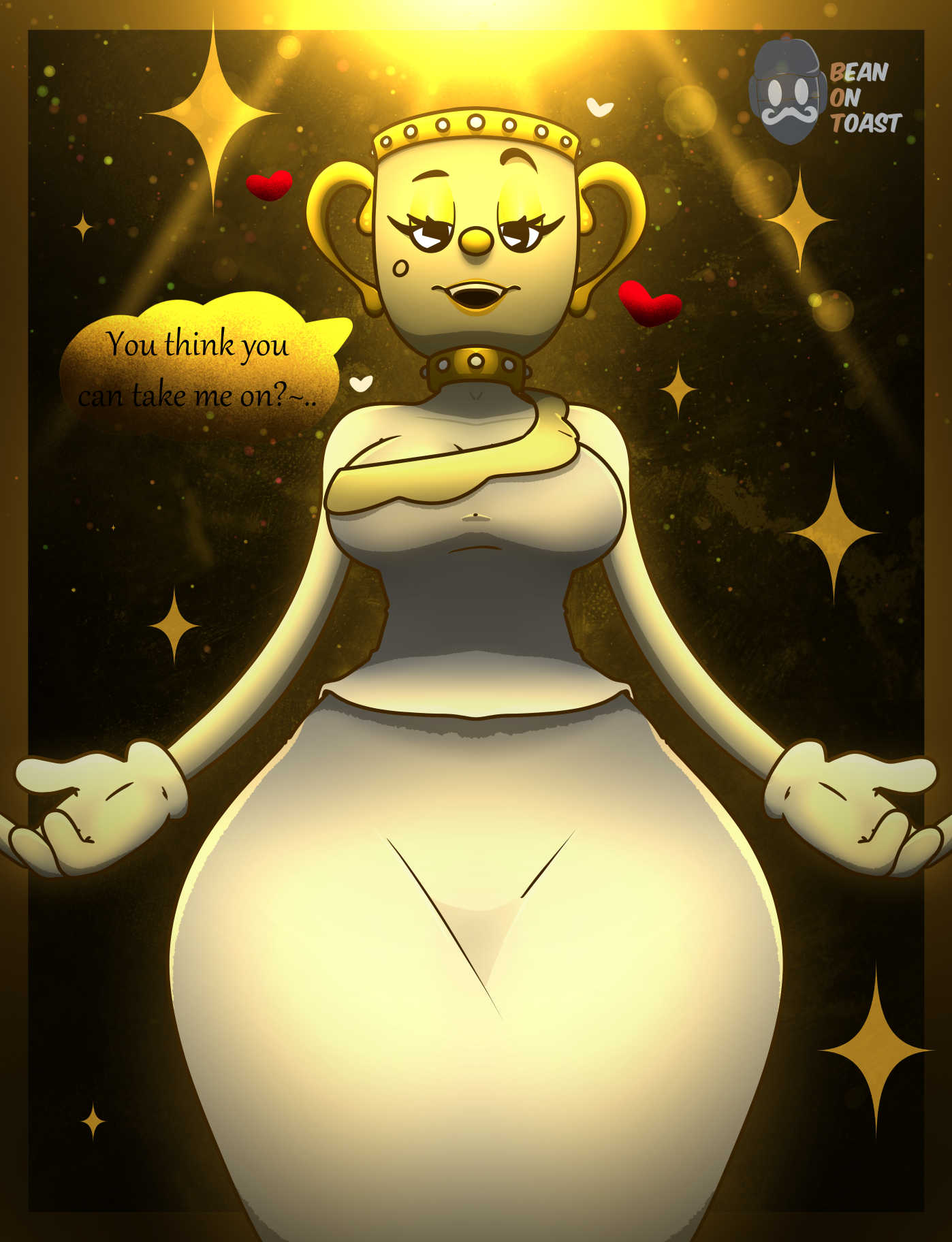 2025, 2d, 2d (artwork), 2d artwork, artist logo, artist name, beanontoast, big breasts, breasts, clothing, cuphead (game), female, legendary chalice, ms. chalice, thick thighs, toga, yellow body
