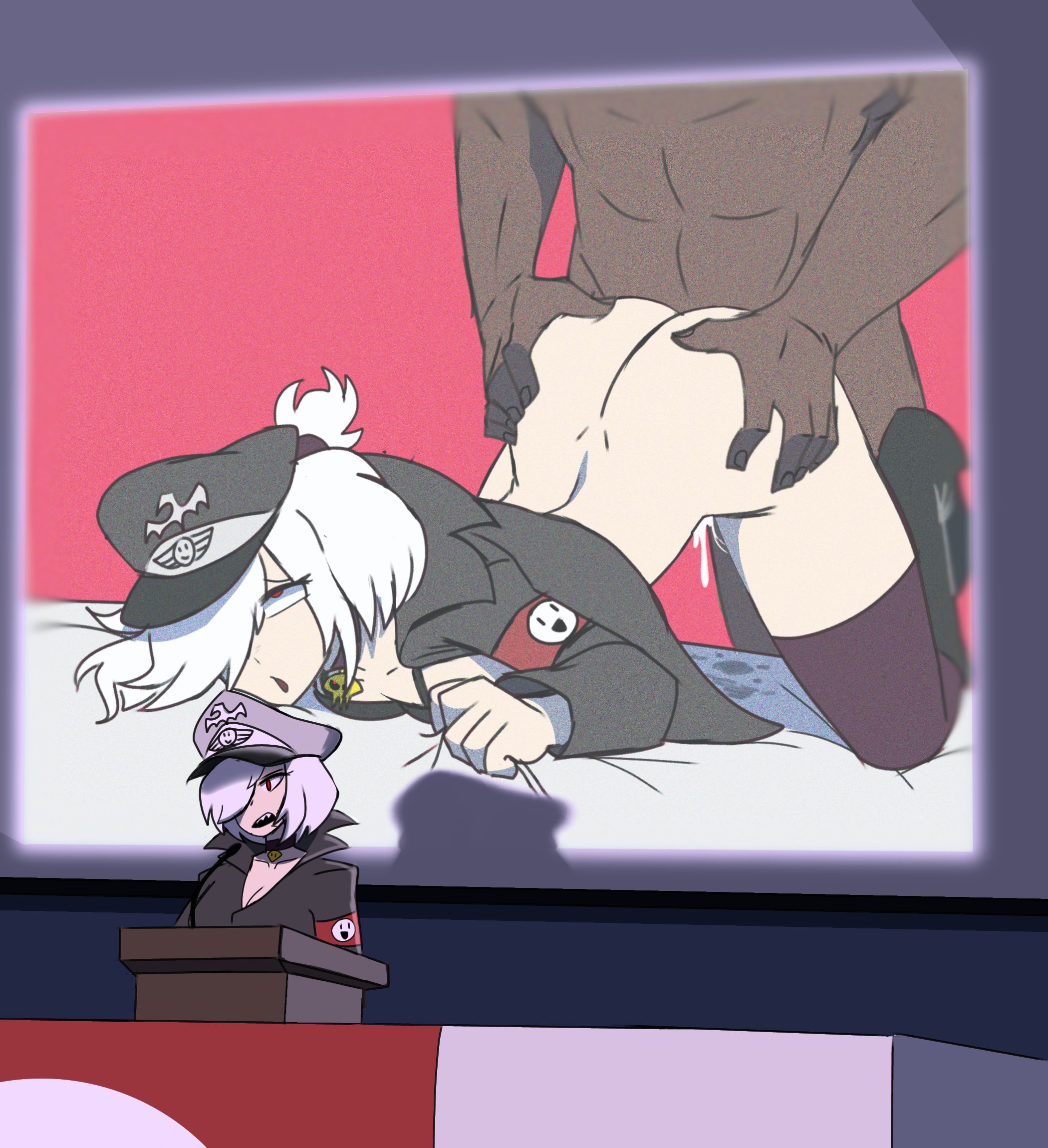1boy, 1girl1boy, 1girls, colette (brawl stars), cum, cum inside, dark-skinned male, dripping cum, gripping sheets, hat, interracial, light-skinned female, nazi, partially clothed, presenting, red eyes, scoop skies, sex, sex from behind, thighhighs, uniform, white hair