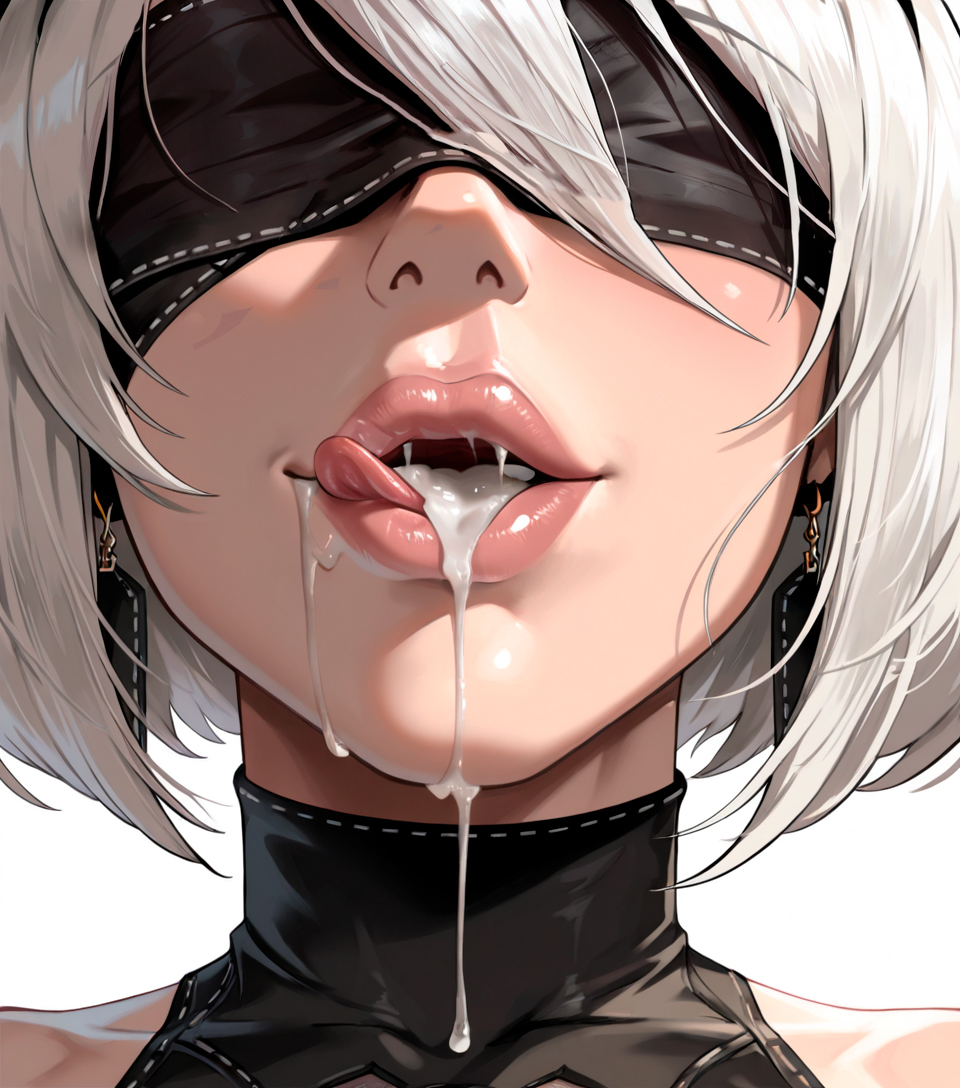 ai generated, android, bimbo, bimbo lips, bimbofication, blindfold, close-up, cum, cum in mouth, drinking cum, female, female only, lip fetish, mature female, milf, mouth fetish, nier: automata, plump lips, robot girl, short hair, smile, starlightnex, thick, thick lips, tongue, tongue out, white hair, yorha 2b