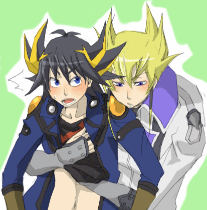 beige_skin black_hair blonde_hair blue_eyes blush clothing color eyes front_view hair human jack_atlas male male_only multiple_males open_eyes skin yaoi yu-gi-oh! yu-gi-oh!_5d's yusei_fudo