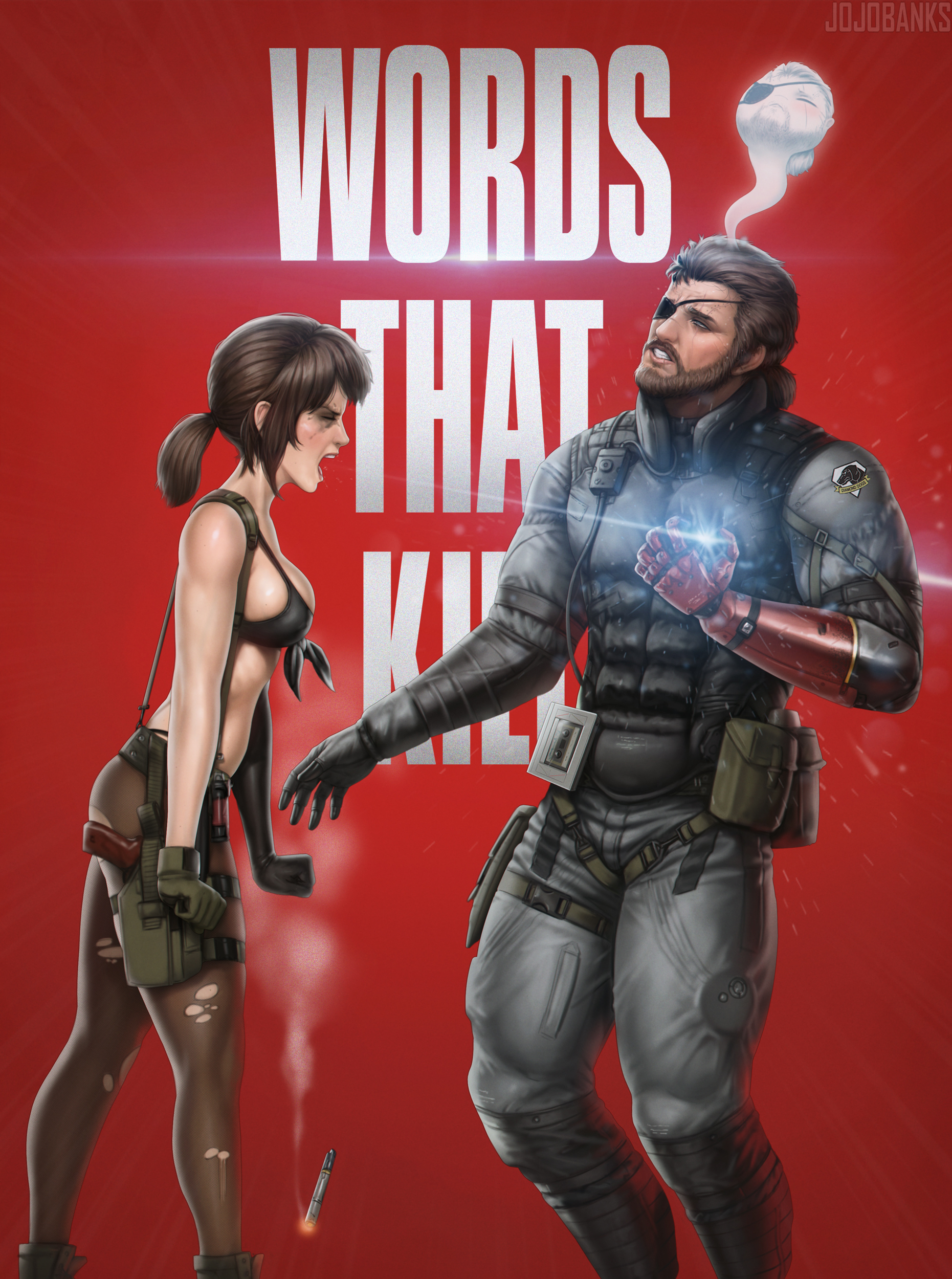 1boy, angry, angry expression, angry face, bikini, bikini top, black bikini, brown hair, cigar, english, english text, erect nipples, erect nipples under clothes, fanart, ghost, jojobanks, metal gear (series), metal gear solid, metal gear solid v, metal gear solid v: the phantom pain, pantyhose, ponytail, quiet (metal gear), screaming, sfw, side view, venom snake, yelling, yelling at another