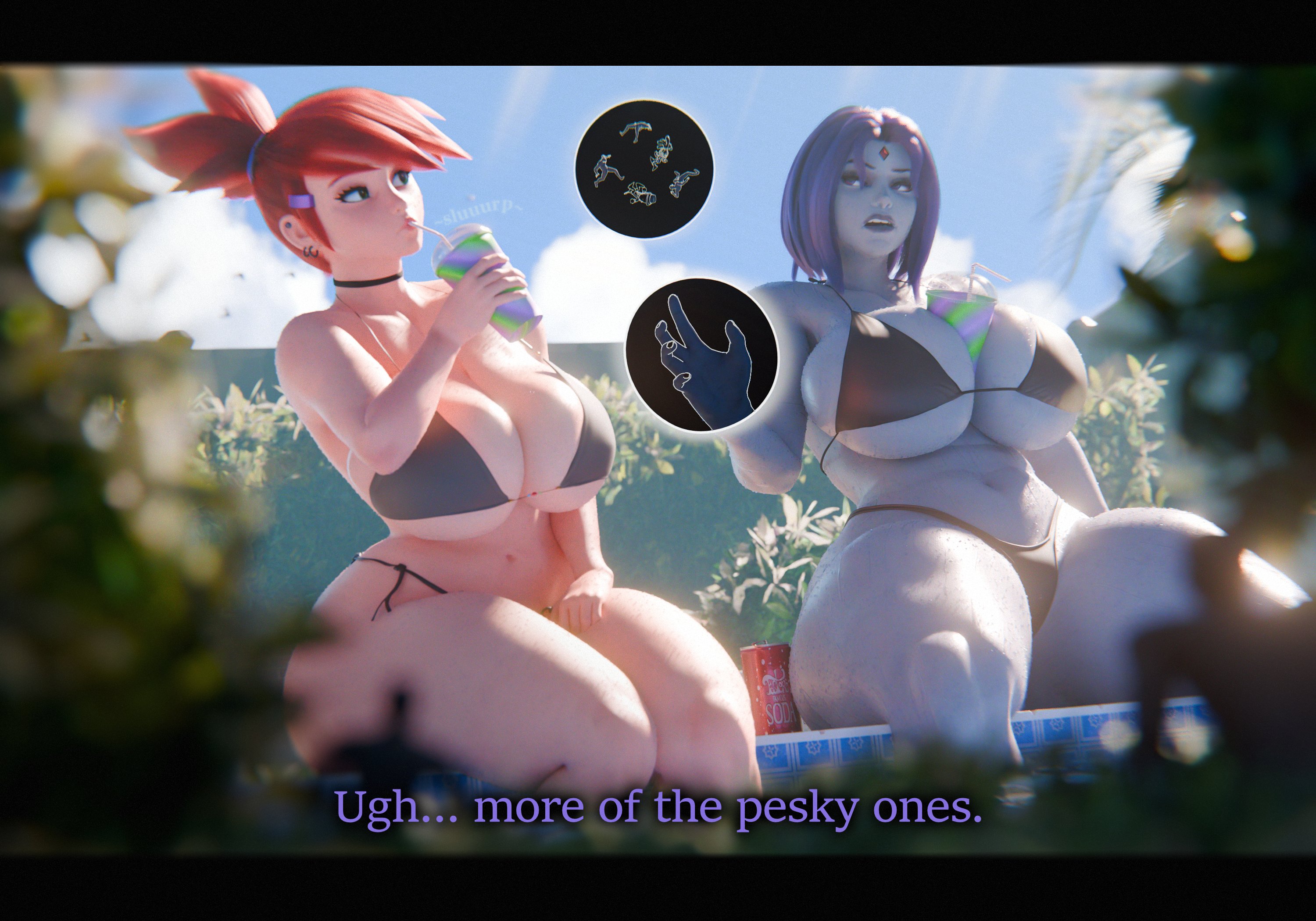 2girls, 3d, 4boys, anonymous male, big breasts, bikini, black bikini, bottopbot2, breasts, cambion, cartoon network, caught, clothed, clothed female, crossover, dc, dc comics, female, female focus, fixed version, foster's home for imaginary friends, frankie foster, giantess, hiding, highleg bikini, large boobs, large breasts, male, pov, rachel roth, raven (dc), scrag boy (model), scrag frankie, scrag raven, shrunke, shrunken male, sitting, skimpy, string bikini, talking to another, teen titans, thick thighs, thighs, wide hips