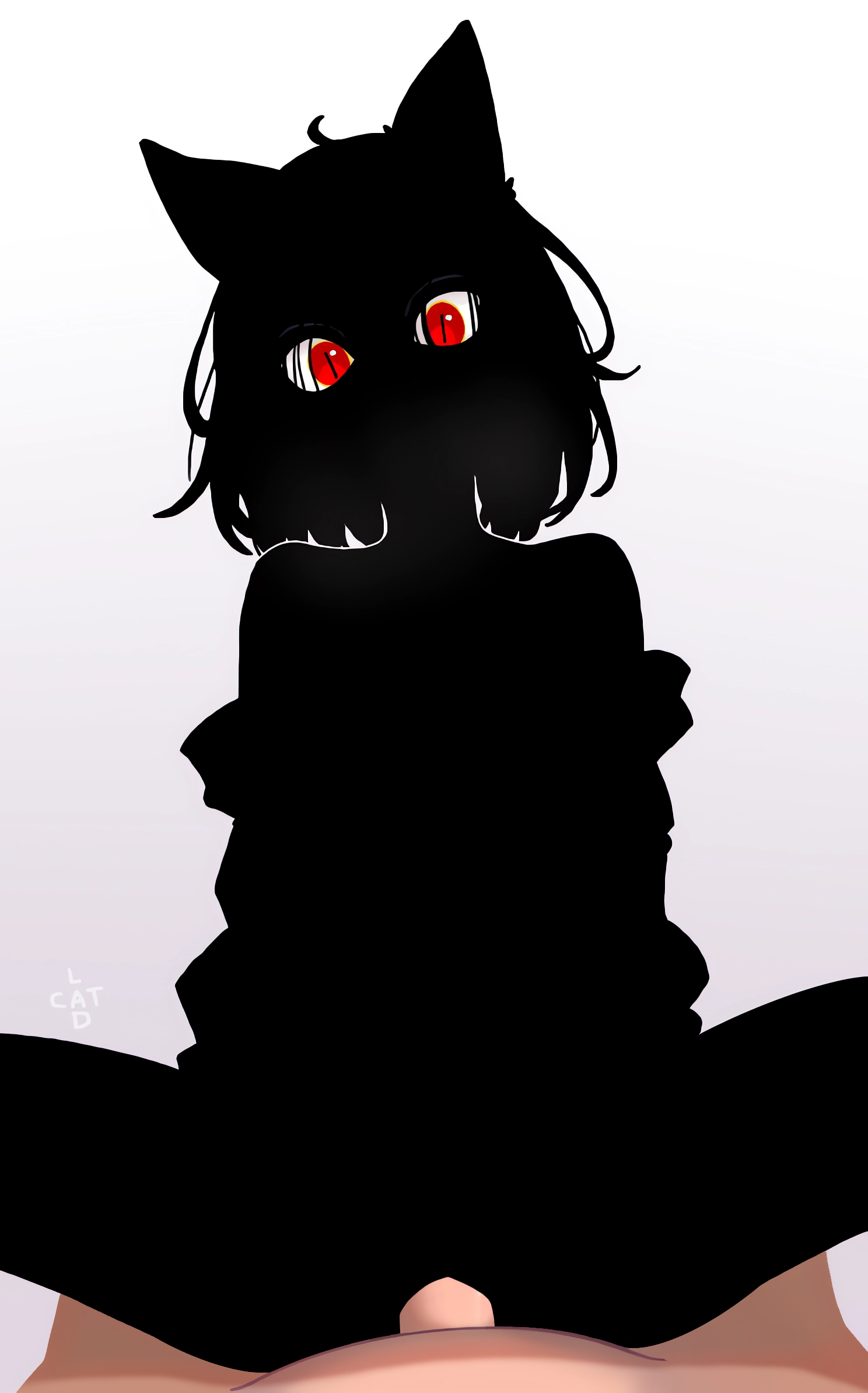 anthro, black body, black hair, catlad, clothed, clothed sex, clothing, cowgirl position, creech (catlad), demon, female, from front position, glaring, hair, hi res, hoodie, humanoid, male, male/female, off-shoulder top, on bottom, on lap, on top, penetration, pussy, red eyes, sex, shadow, short hair, silhouette, silhouetted body, sitting, sitting on lap, solo, topwear, vaginal penetration