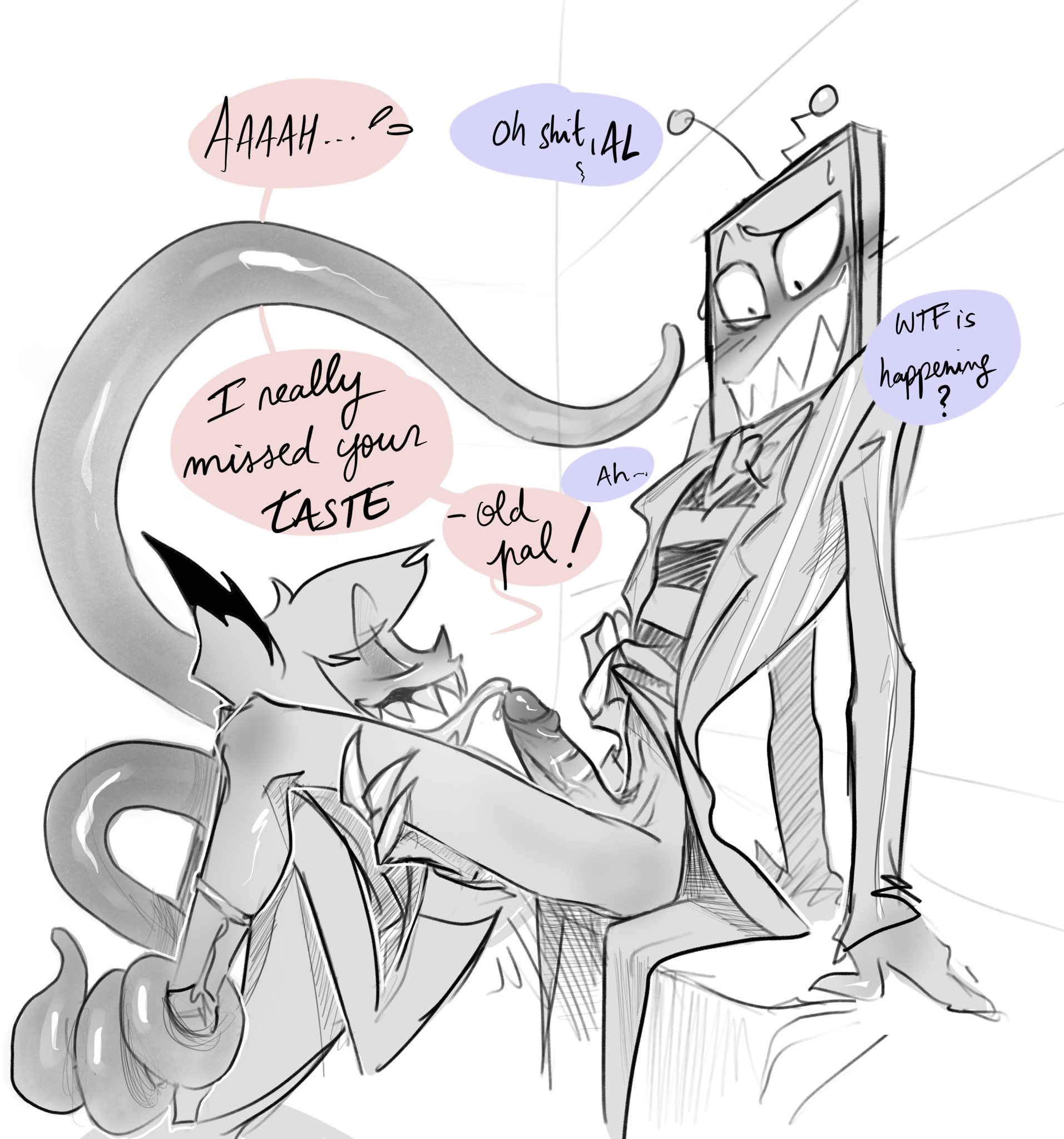 alastor (hazbin hotel), blowjob, gay, hazbin hotel, licking penis, licking tip, pathetic male, submissive male, submissive top, vox (hazbin hotel), yaoi
