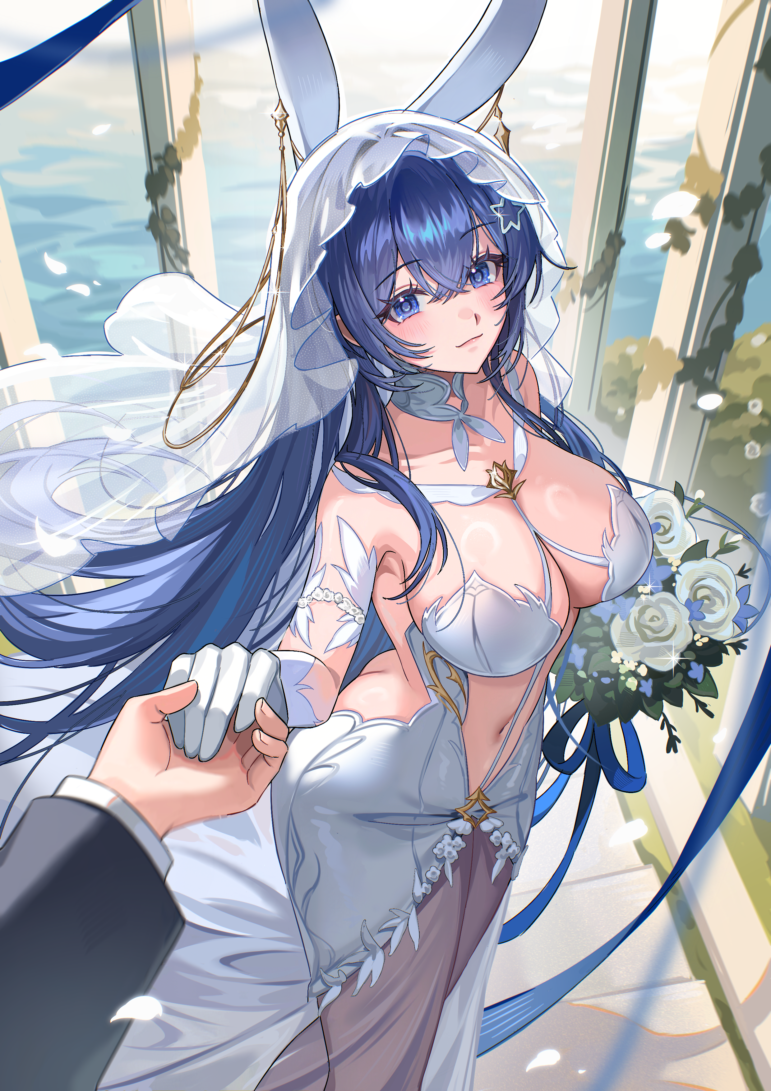 1boy, animal ears, azur lane, bare shoulders, blue eyes, blue hair, blush, bouquet, breasts, bridal veil, bride, cg, choker, cleavage, closed mouth, collarbone, crossed bangs, dress, fake animal ears, female, flower, gloves, hair between eyes, hair ornament, holding, holding bouquet, holding hands, large breasts, long hair, looking at viewer, male, navel, new jersey (azur lane), new jersey (snow-white ceremony) (azur lane), official alternate costume, out of frame, pov, pov hands, rabbit ears, revealing clothes, rose, see-through, smile, solo focus, standing, veil, very long hair, wedding, wedding dress, white dress, white flower, white gloves, white rose